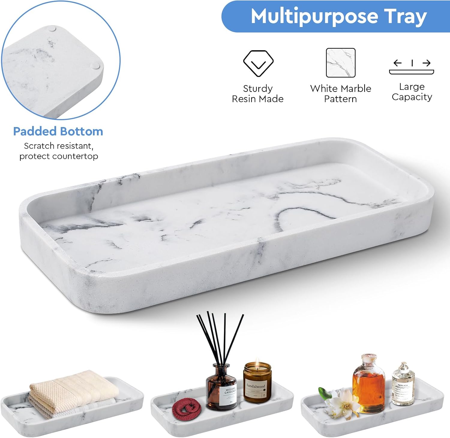Bathroom Accessories Set,4 Pcs Blue Glass Bathroom Accessories Sets-Lotion Soap Dispenser,Toothbrush Holder,Qtip Holder Dispenser & Resin Vanity Tray,Countertop Vanity Organizer,Blue