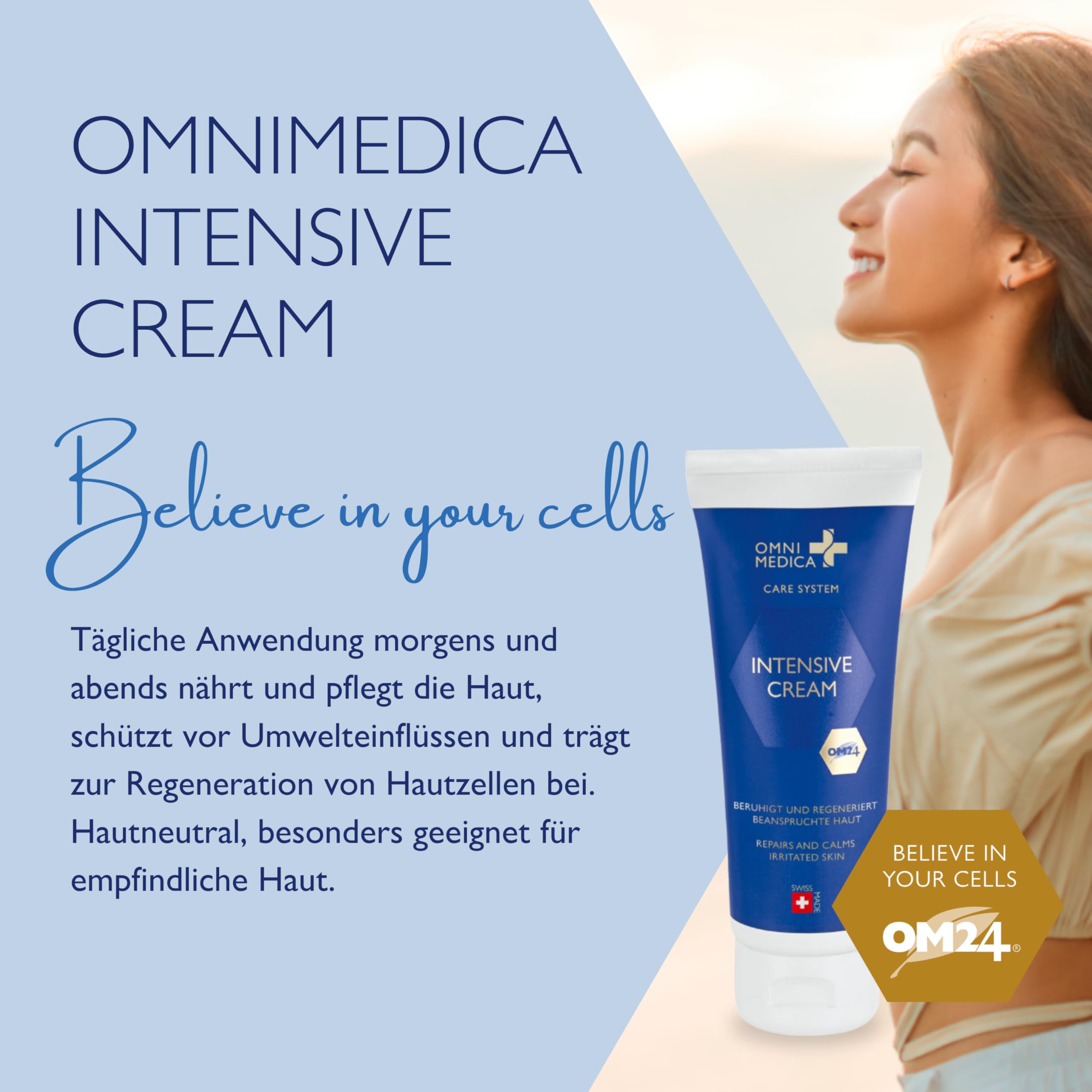 OMNIMEDICA Intensive Cream – 3-in-1 Pflegecreme gegen Falten, Pigmentflecken & trockene Haut – Anti-Aging Gesichts- & Körpercreme mit OM24® – für Damen, Herren & empfindliche Haut – 100 ml