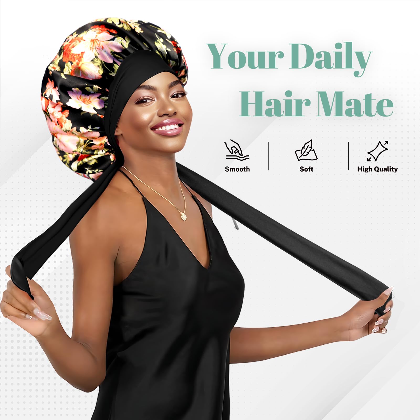 Ptrin Satin Bonnet,Silk Bonnet Hair Bonnet for Sleeping Women,Large Double Layer Satin Hair Bonnet for Sleeping with Adjustable Tie Band,Soft Elastic Breathable for Curly Hair,Flower Black