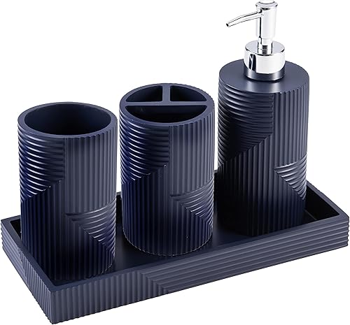 Kralix Juego de 4 accesorios de baño azules moderno juego de dispensador de jabón de baño azul juego de soporte para cepillo de dientes vaso y