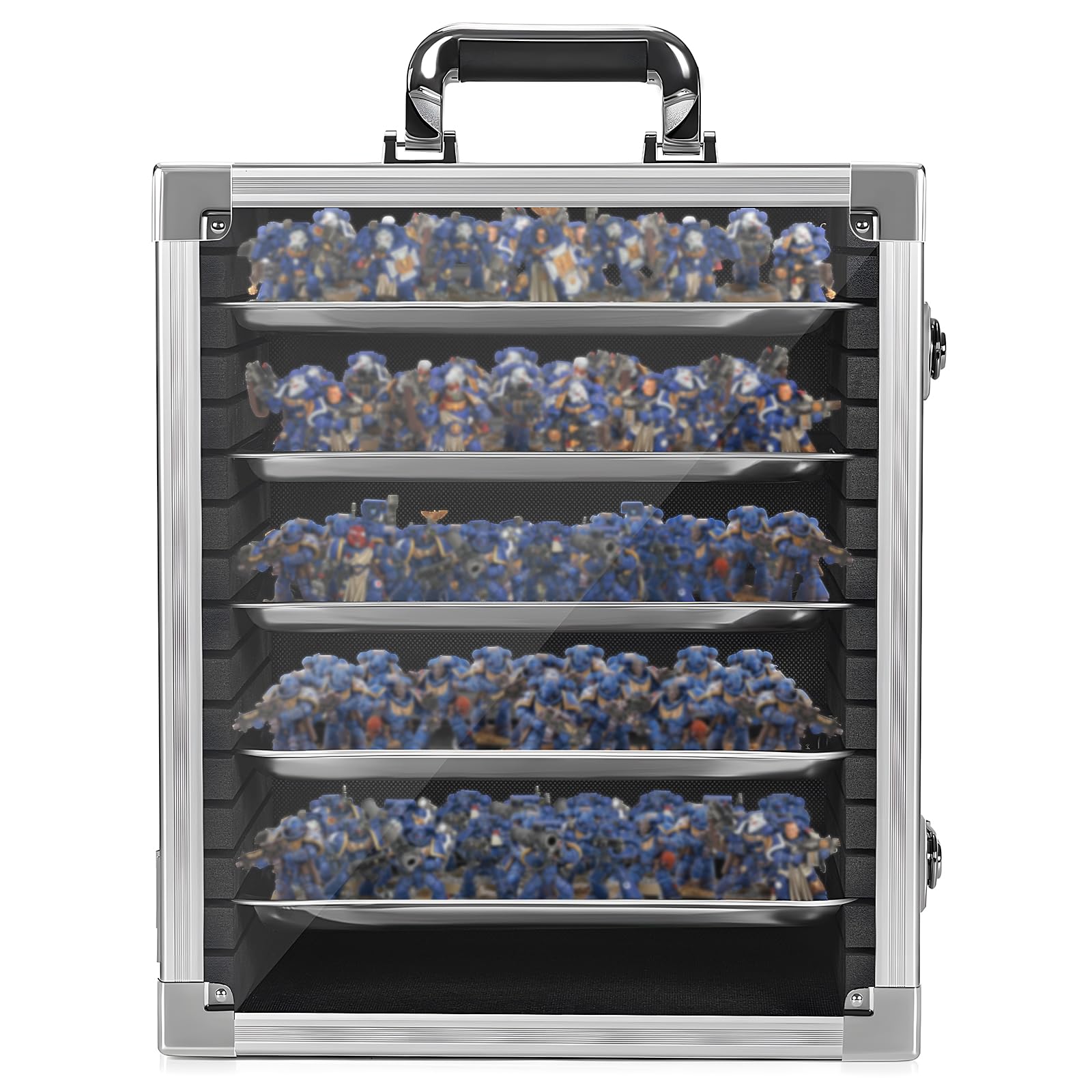 FREEAMG Silver Miniatures Carry case with Lock, mini Storage Case with 5 Metal Trays & Aluminum Alloy Frame, Portable Miniature Transport case for Tabletop Gaming Miniatures, RPG Models(Silver)