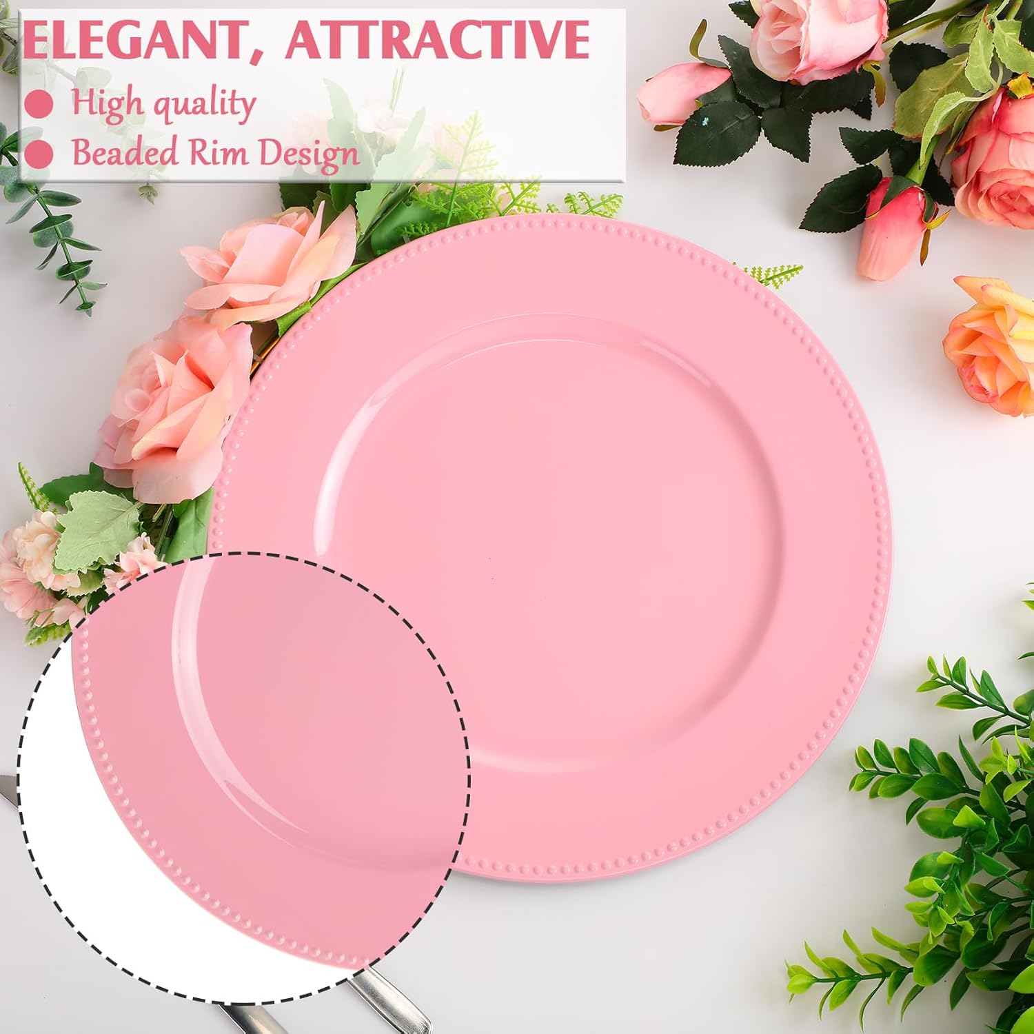 Gerrii 12 Pcs Metallic Bead Charger Plates 13 Inch Plastic Round Plates Bulk Wedding Beaded Chargers for Table Party Event Decoration(Pink,Beaded)