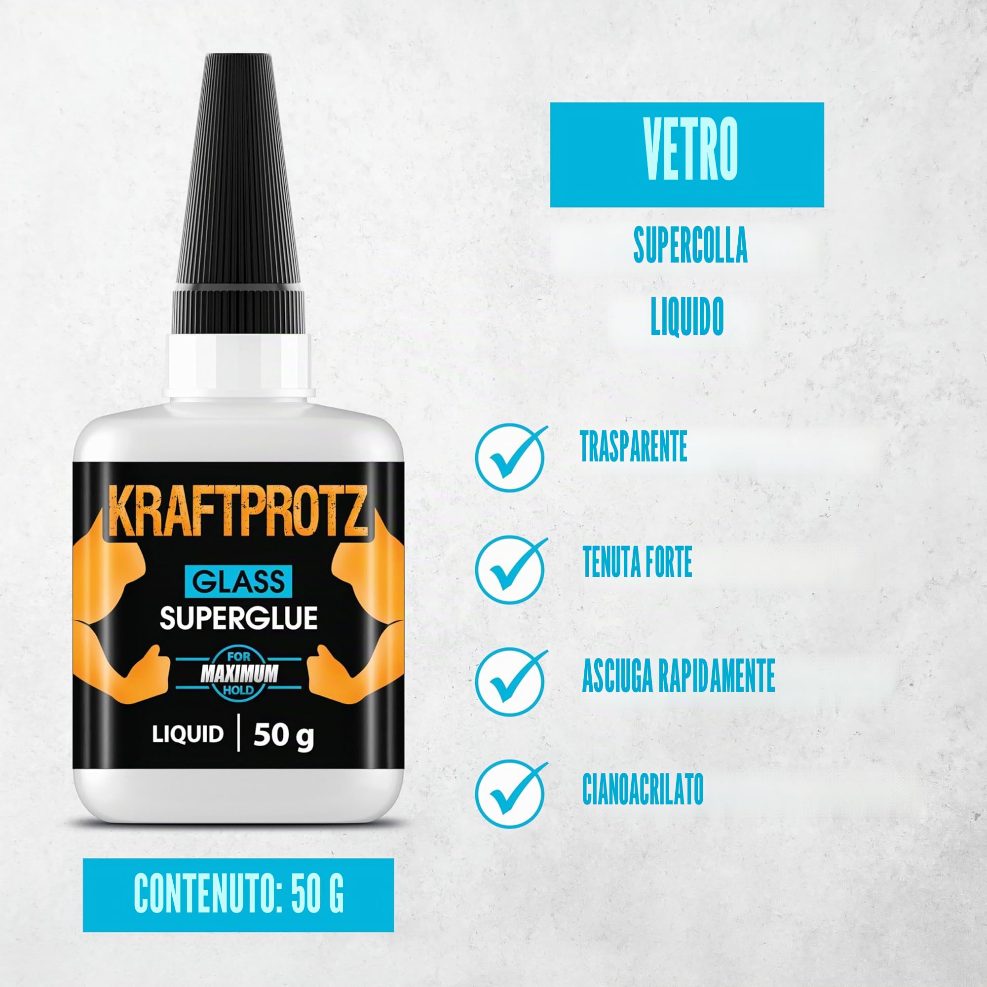 ARKA - KRAFTPROTZ VETRO 50 g - Colla istantanea extra forte - trasparente per vetro - super liquida - Resistente all'acqua - Facile da usare e tenuta sicura.