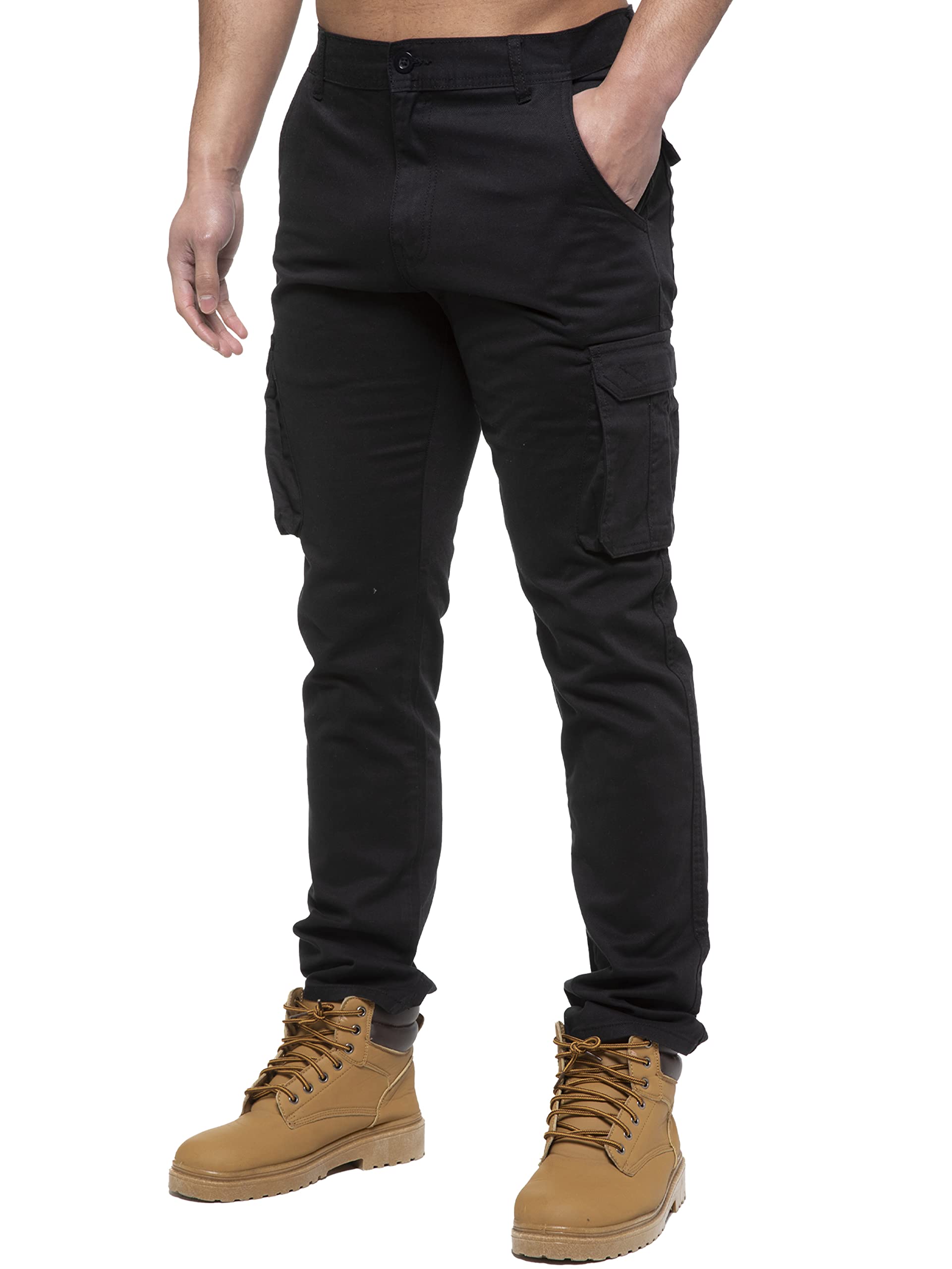989Zé ENZO Mens Cargo Combat Pants Straight Leg Regular Fit Chino Trousers EZ425 BLK 38W / 32L