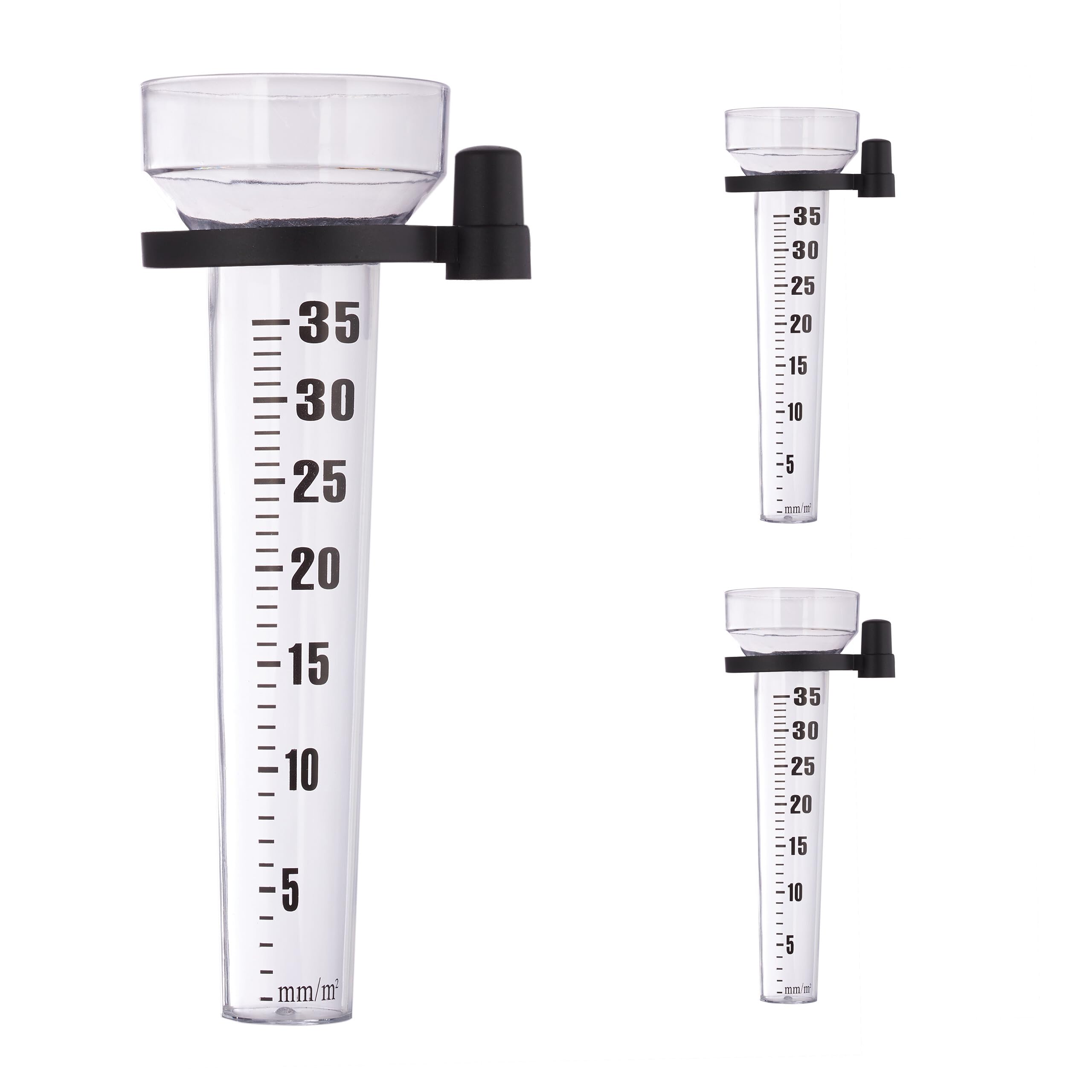 Relaxdays Rain Gauge, Set of 3, Precipitation Measurer, Rainfall Indicator Kit, Holder, Scale 35 mm/m², Clear/Black, 24.5 x 10.5 x 8.5 cm