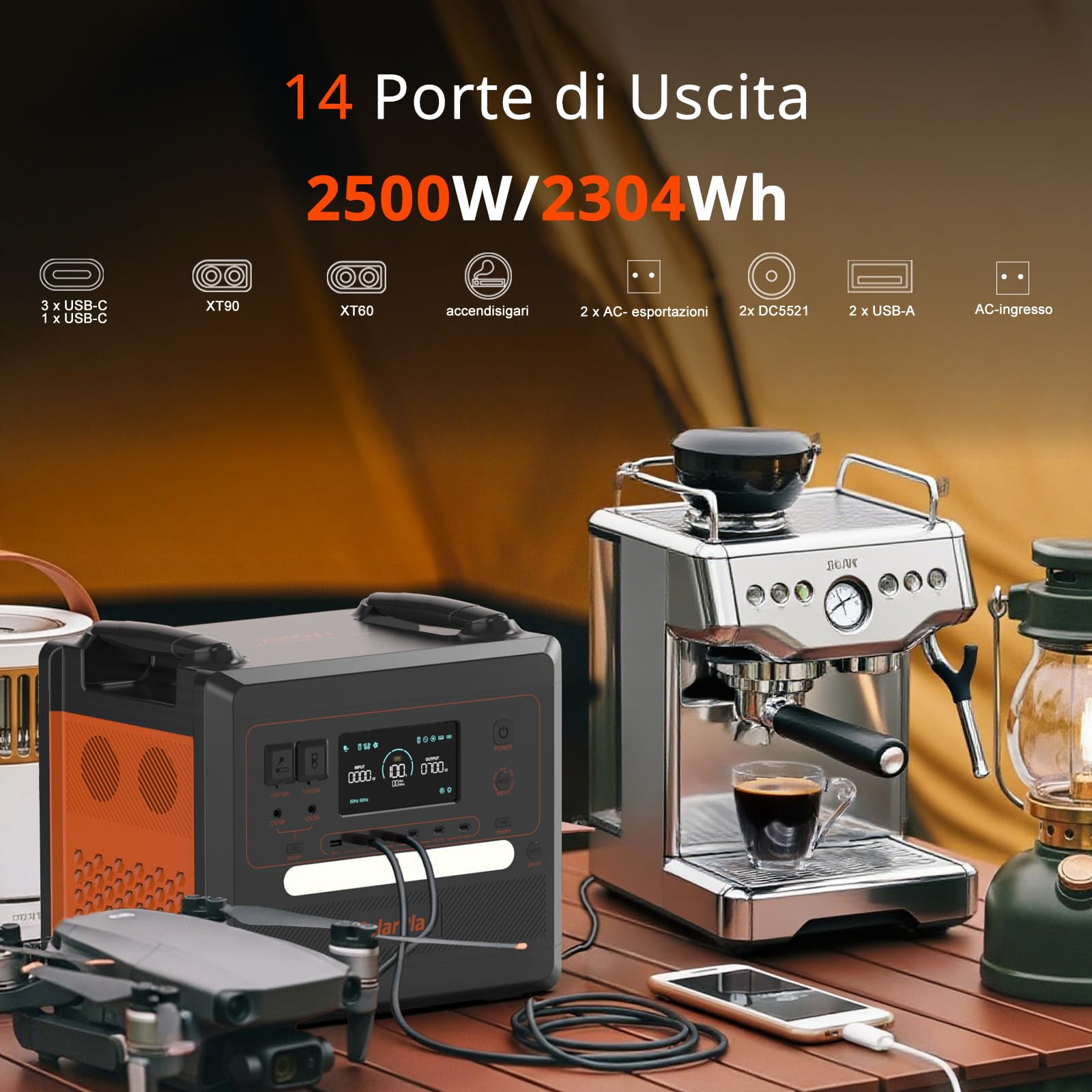 SolarPlay Q2402M 2500 W Centrale Elettrica Portatile, Batteria LiFePO4 da 2304 Wh, con Pannello Solare da 2x200 W, Presa CA, CC, ad energia solare, Adatta per Camper e Viaggi All'aperto