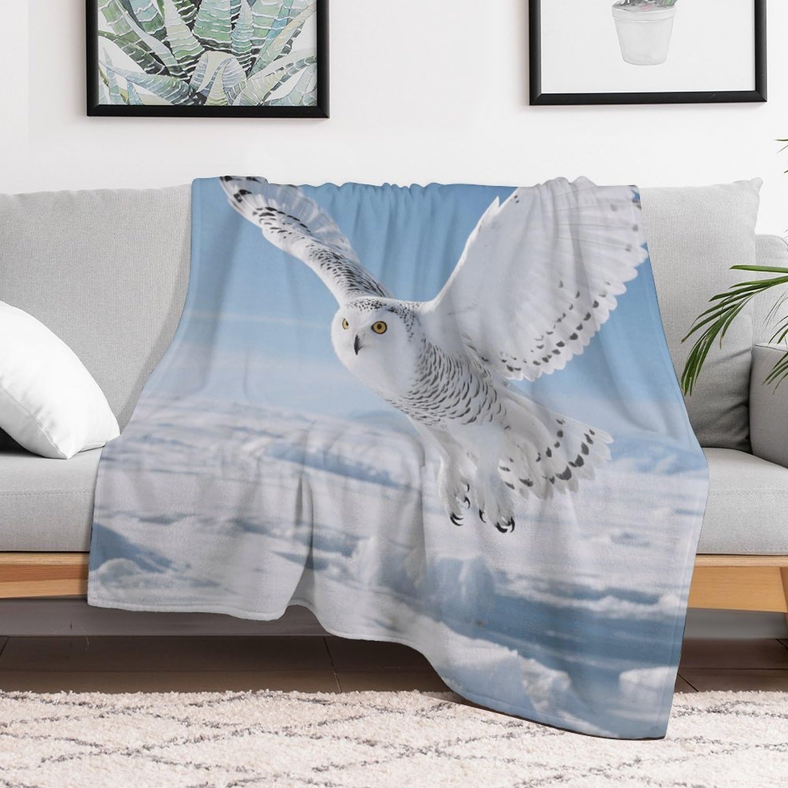Custom White Snowy Owl Blanket Lightweight Flannel Fleece Throw for Couch Sofa Bed Luxury Soft Cozy Plush Lap Bedtime Blanket for All Seasons Bedroom Home Decor Gifts 30x40