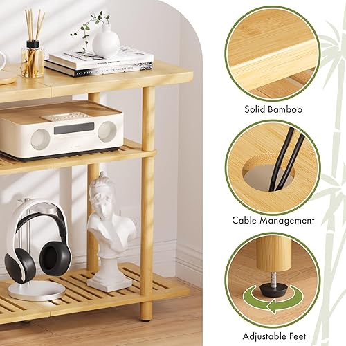 Miniatura 5 de Soporte de TV, centro de entretenimiento para hasta 32 pulgadas, estante pequeño de bambú de 3 niveles con almacenamiento abierto, soportes de TV