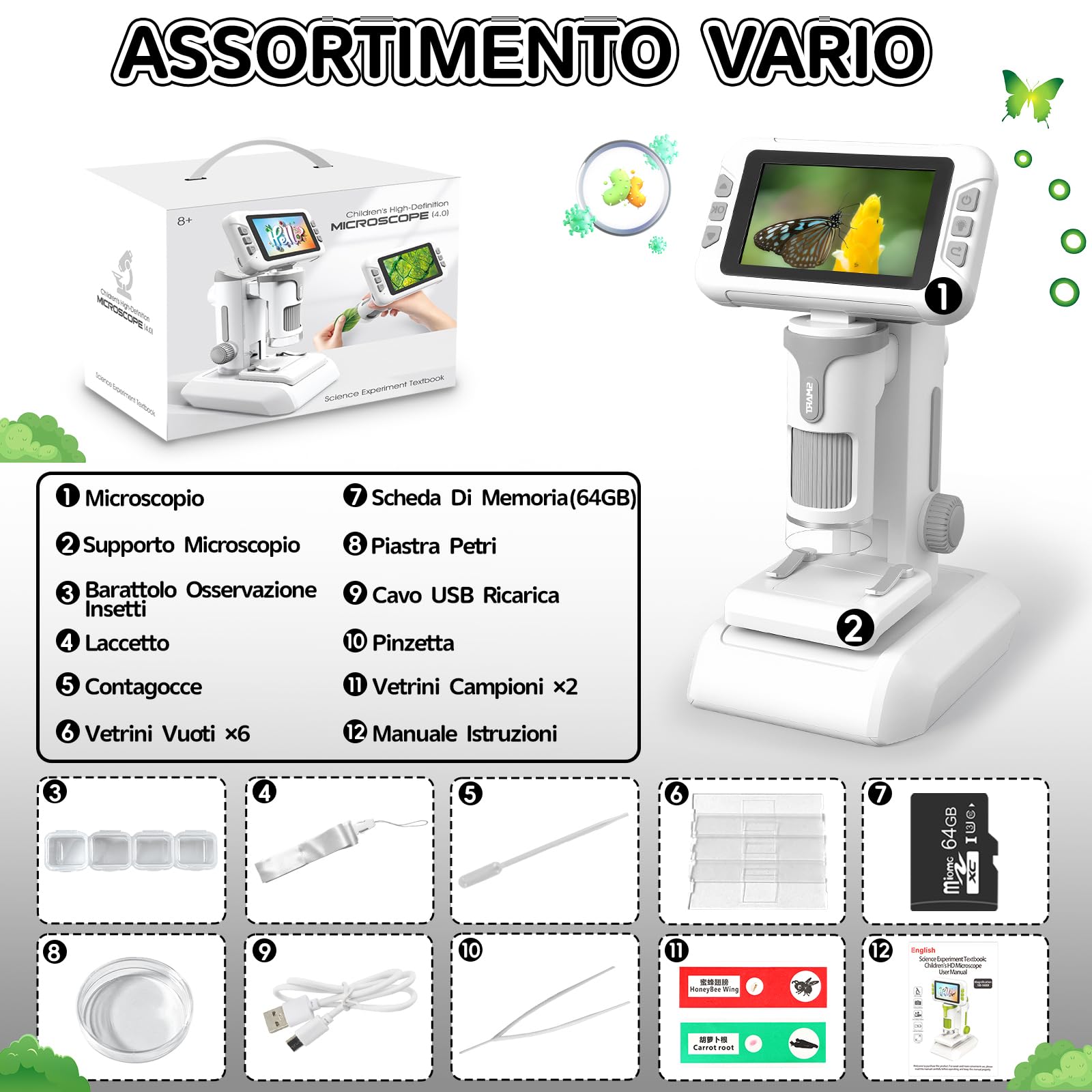 Charmofun Microscopio Bambini, Microscopio Digitale con Scheda di Memoria da 64GB, Microscopios Portatile Bambini con Schermo LCD 4", Ingrandimento 1600X, Foto e Video, Funzione Portatile e Fissa