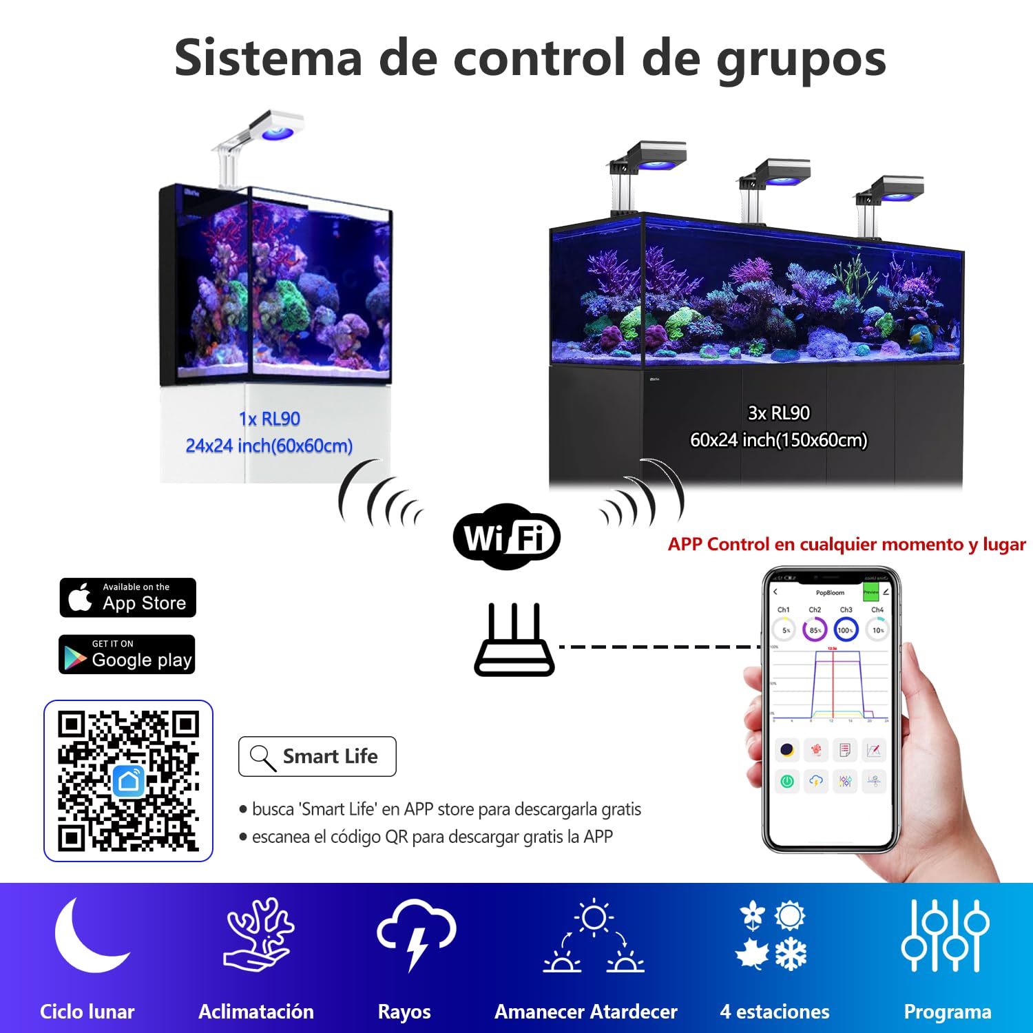PopBloom RL90 WiFi iluminación arrecife luz reef coral Reef Led acuario con luz de espectro completo 60cm 24" 2ft