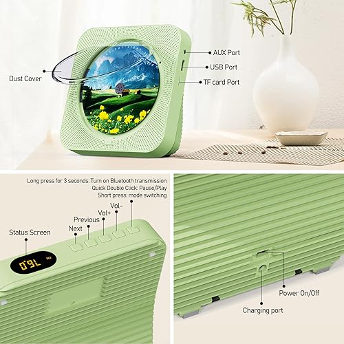 Miniatura 3 de Reproductor de CD portátil con Bluetooth Reproductor de CD de escritorio para el hogar Reproductores de CD de música con control remoto,