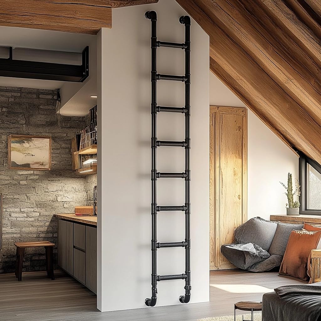 Photo 1 of 8FT Wall Mounted Ladder Heavy Duty 355lbs Capacity, 8-Stepladder Steel Pipe Fire Escape for Egress Window & Basement, Industrial Wall/Floor-Mounted Loft Ladder