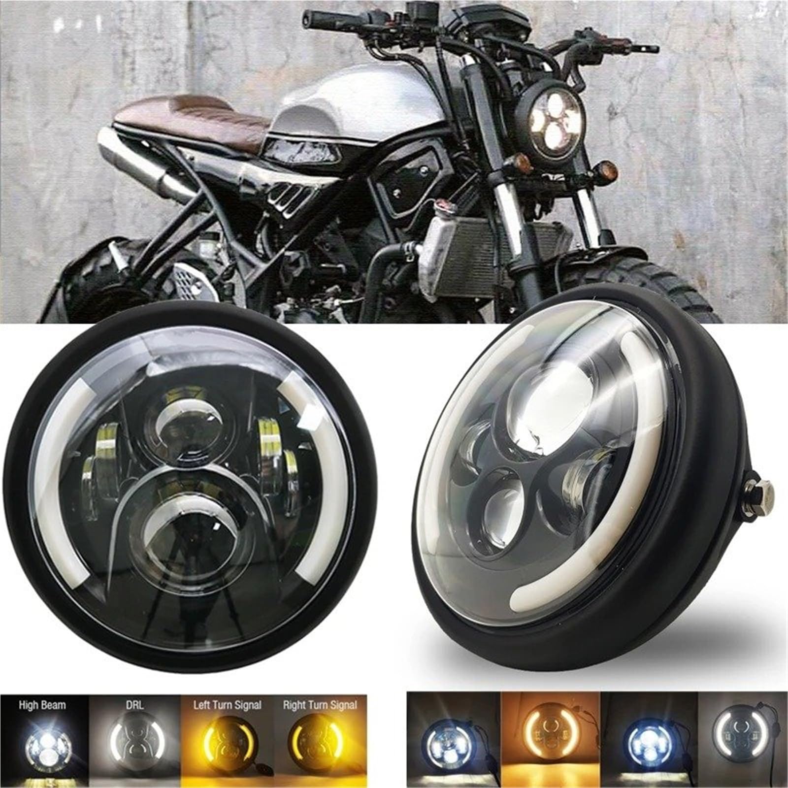 Moto Fari Stradali Spot Light Beam Per Supporto Faro 7 Pollici, Parti Per Motocicletta Cafe Racer,5, LED Rotondo Nero, Lampada Hi/Lo
