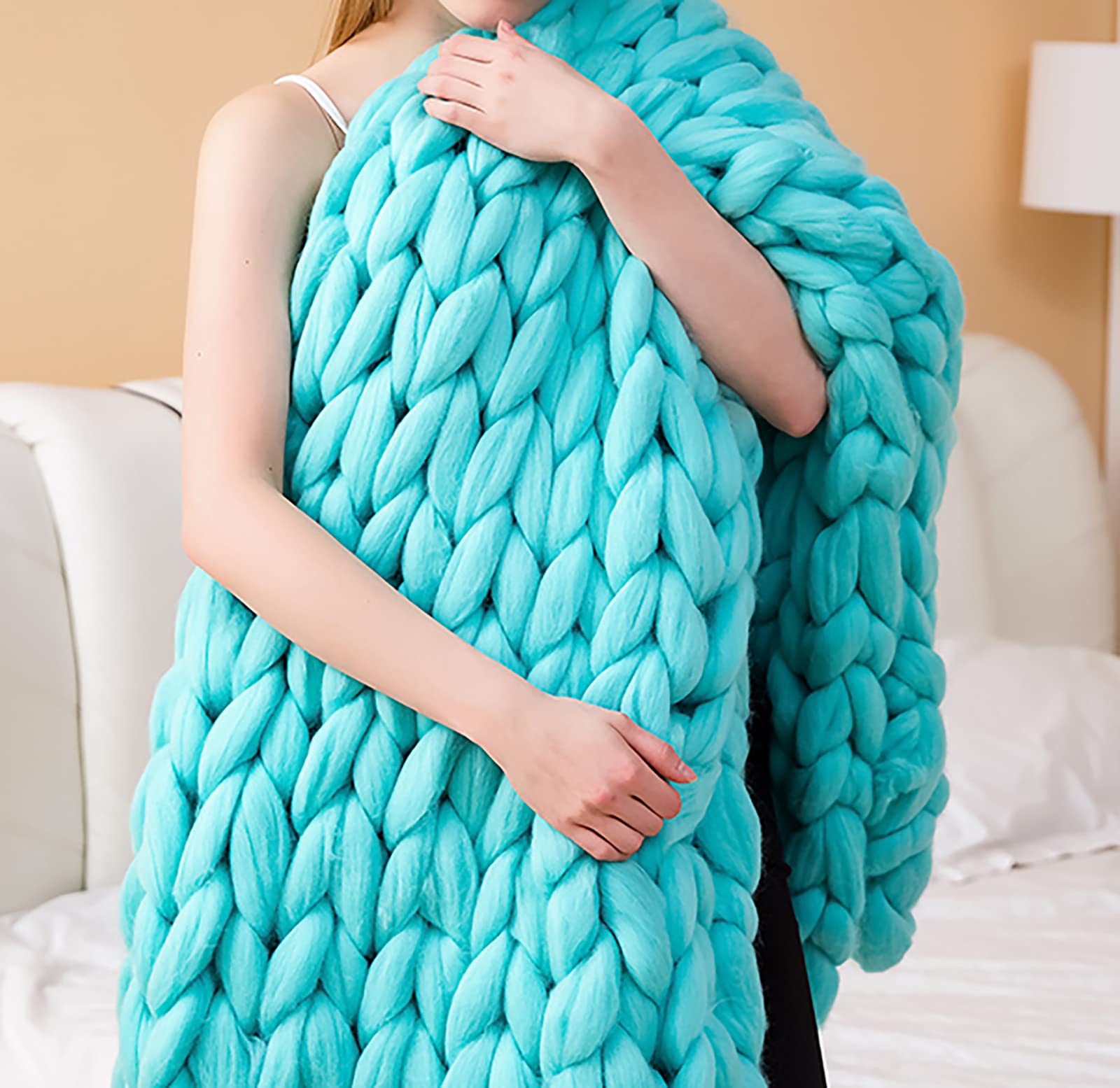 XWCG Chunky Knit Blanket - Soft and Cozy Throw for Sofa, Chair - Warm Wool Blend Home Decor - Handmade Green Throw, 100 * 120cm