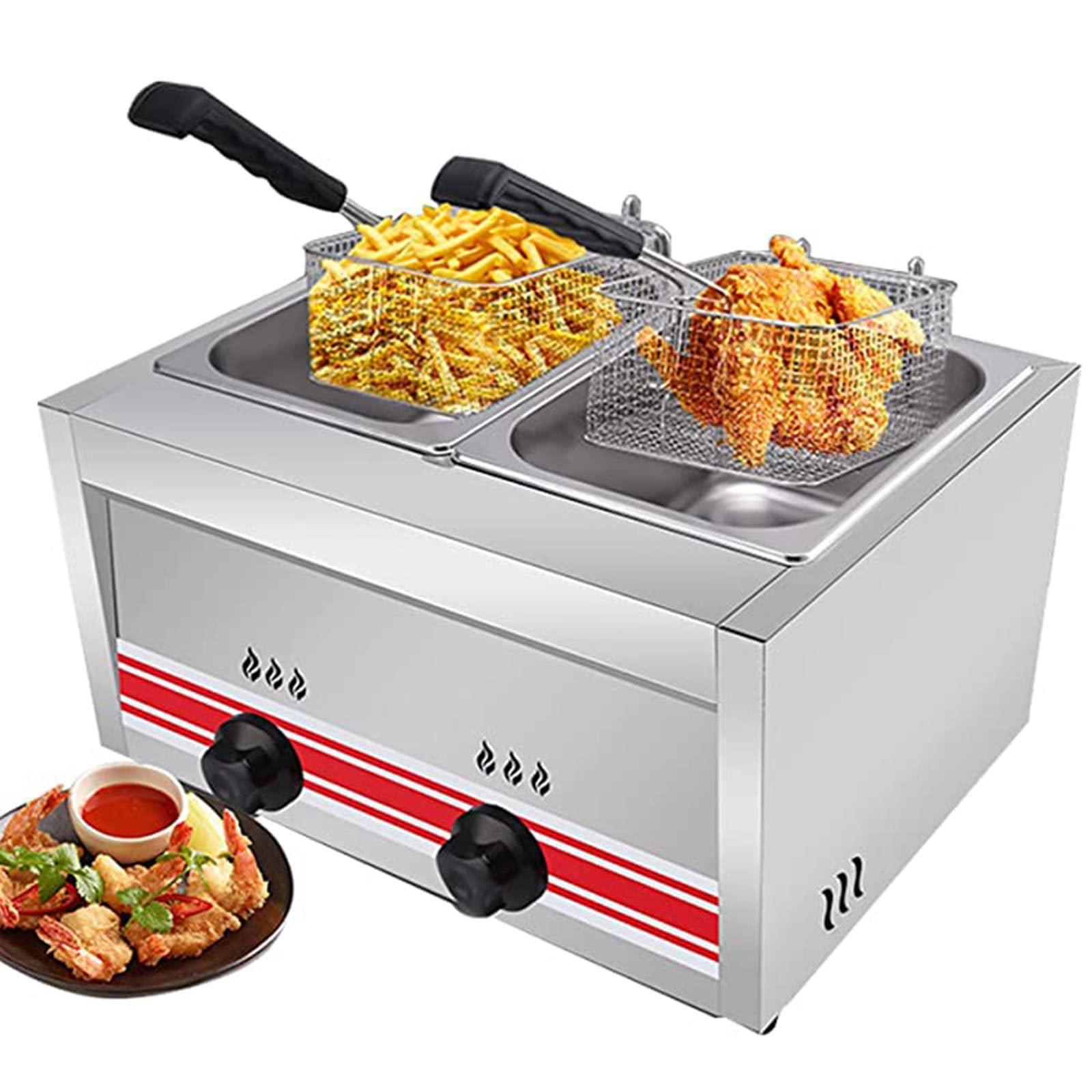 IUokLU 10L*2 Gas Deep Fryer,Stainless Steel Countertop LPG Gas Fryer with Basket and Lid,Chip Fryers Adjustable Firepower for Home and Commercial