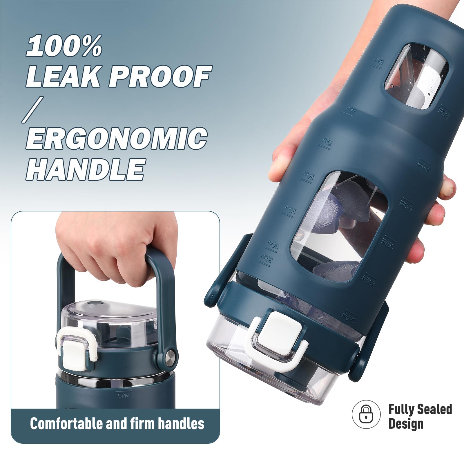 BLUEGO 960ml Bottiglie d'acqua in vetro con cannuccia e indicatore del tempo Bottiglia d'acqua sportiva grande con custodia in silicone 0,96 litri Brocca d'acqua in vetro per palestra, Blu scuro