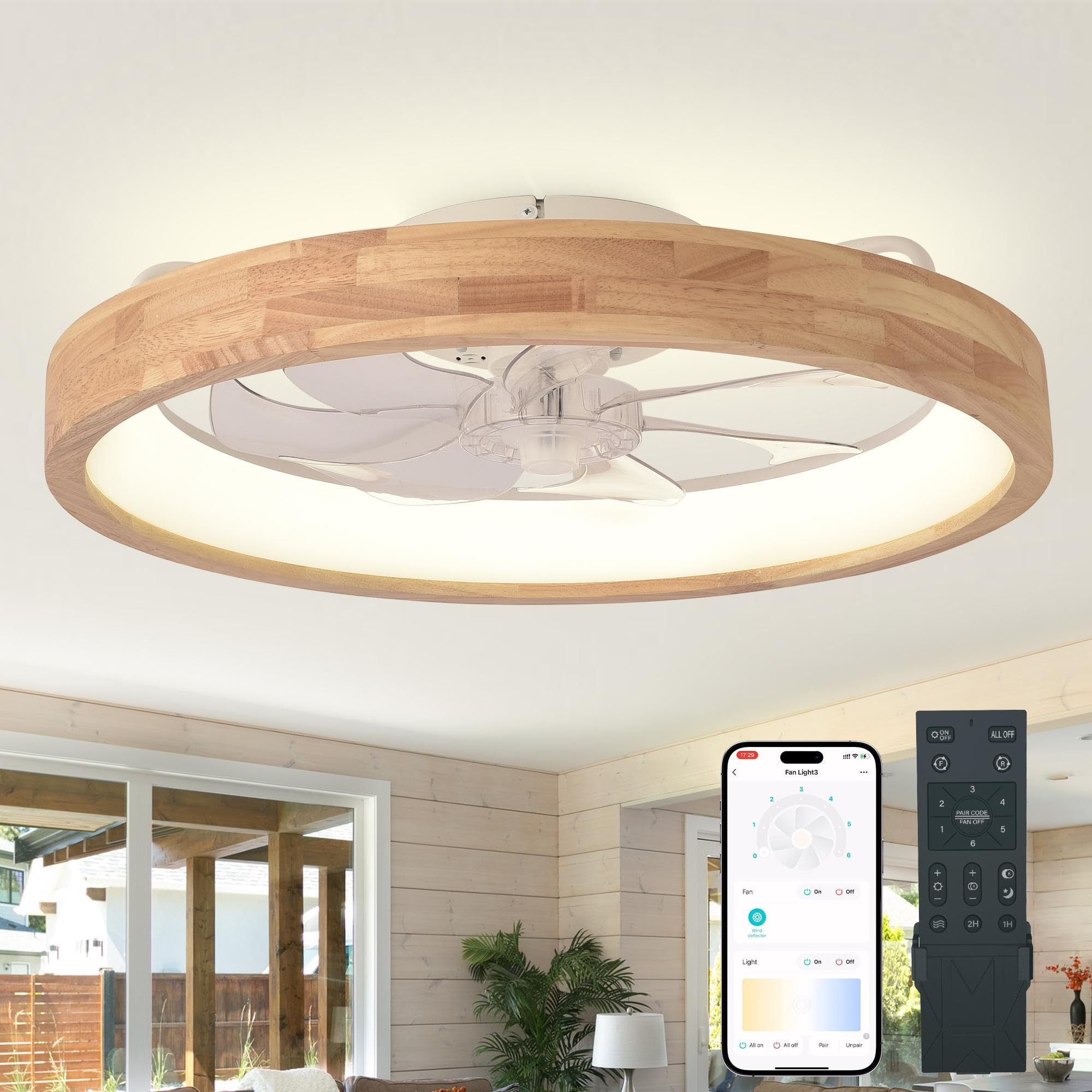 Photo 1 of 24" Solid Wood Low Profile Ceiling Fan with Light and Remote/APP