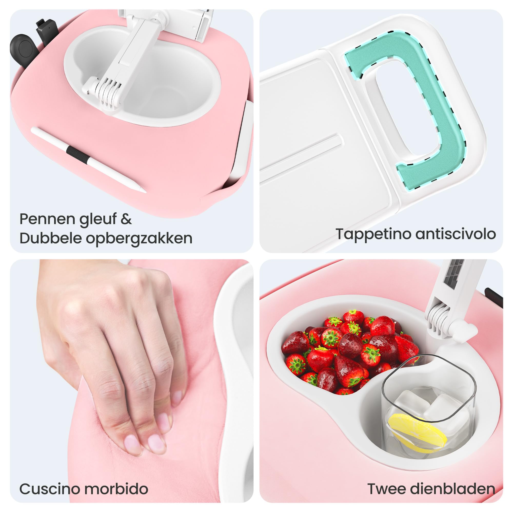 Supporto per cuscino per tablet con 2 ciotole per snack, supporto per iPad regolabile a 360°, per iPad da 4,7 a 13", Kindle, smartphone, accessori Kindle sul letto, divano, rosa