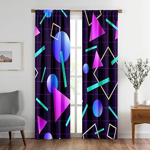 Miniatura 4 de Cortinas geométricas para ventana, estilo retro de los años 80, estilo retro de los años 80, para fiesta de neón, con bolsillo para barra, cortinas