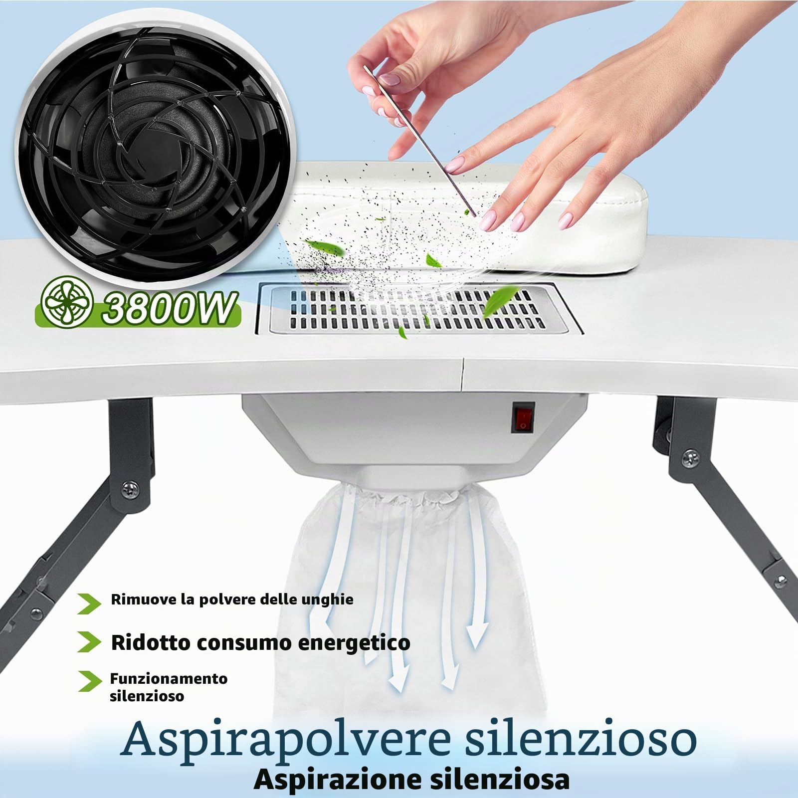 LZQ Tavolo per unghie con aspirazione, tavolo da manicure pieghevole con aspirapolvere per unghie, 90 x 37 x 77 cm, bianco