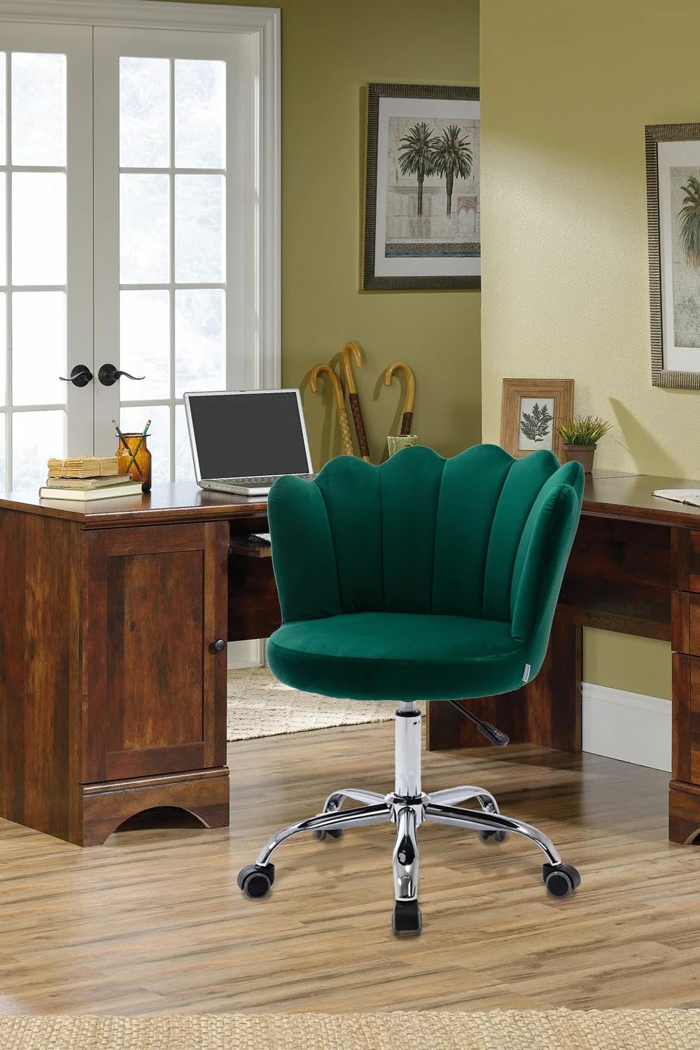 Mid Back Height Adjustable 360° Swivel Comfy Home Office Study Desk Chair, Velvet Upholstered Chair with Flower Decor for Bedroom Living Room in Dark Green Color
