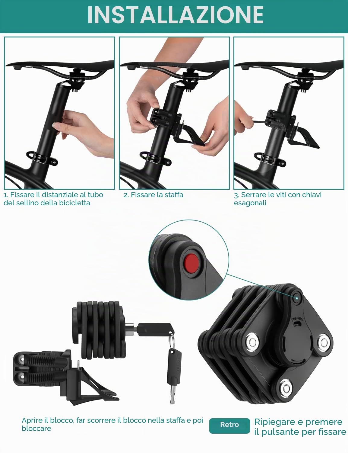 ROCKBROS Lucchetto Antifurto per Bici Lucchetto Pieghevole 2 Modelli Disponibili con Chiave e Serratura a Combinazione a Forma di Cubo con Supporto per Lucchetto
