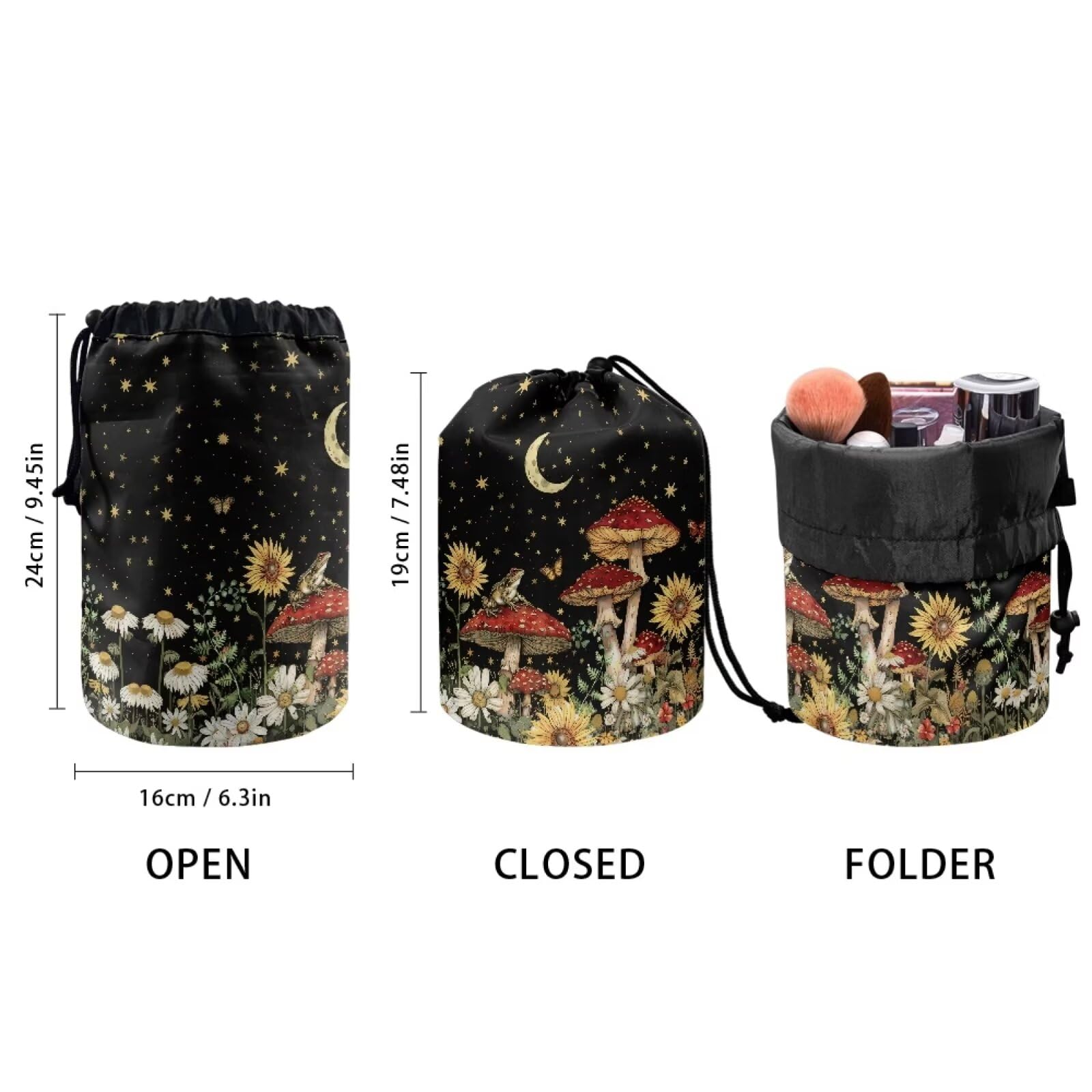 chaqlin Mushroom Sunflower Travel Cosmetic Bags Barrel Makeup Bag,Women Girls Portable Foldable Cases Multifunctional Toiletry Bucket Bags Round Organizer Storage Pocket - Image 2
