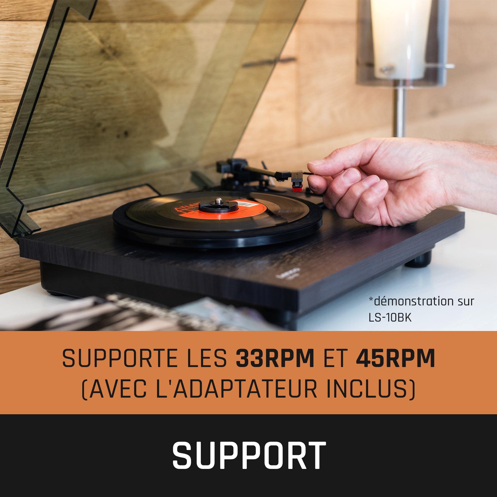 Lenco LS-10 Tourne-disque Lenco - Tourne-disque avec haut-parleurs intégrés - Entraînement par courroie - Vinyle - Vitesses 33 tours et 45 tours, Noir, 2 x 3 Watt