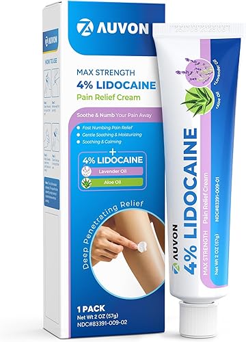 Miniatura 1 de AUVON Max-Strength - Crema de lidocaína al 4% para analgésicos tópicos, crema anestésica para aliviar el dolor de lidocaína con aceite de lavanda y