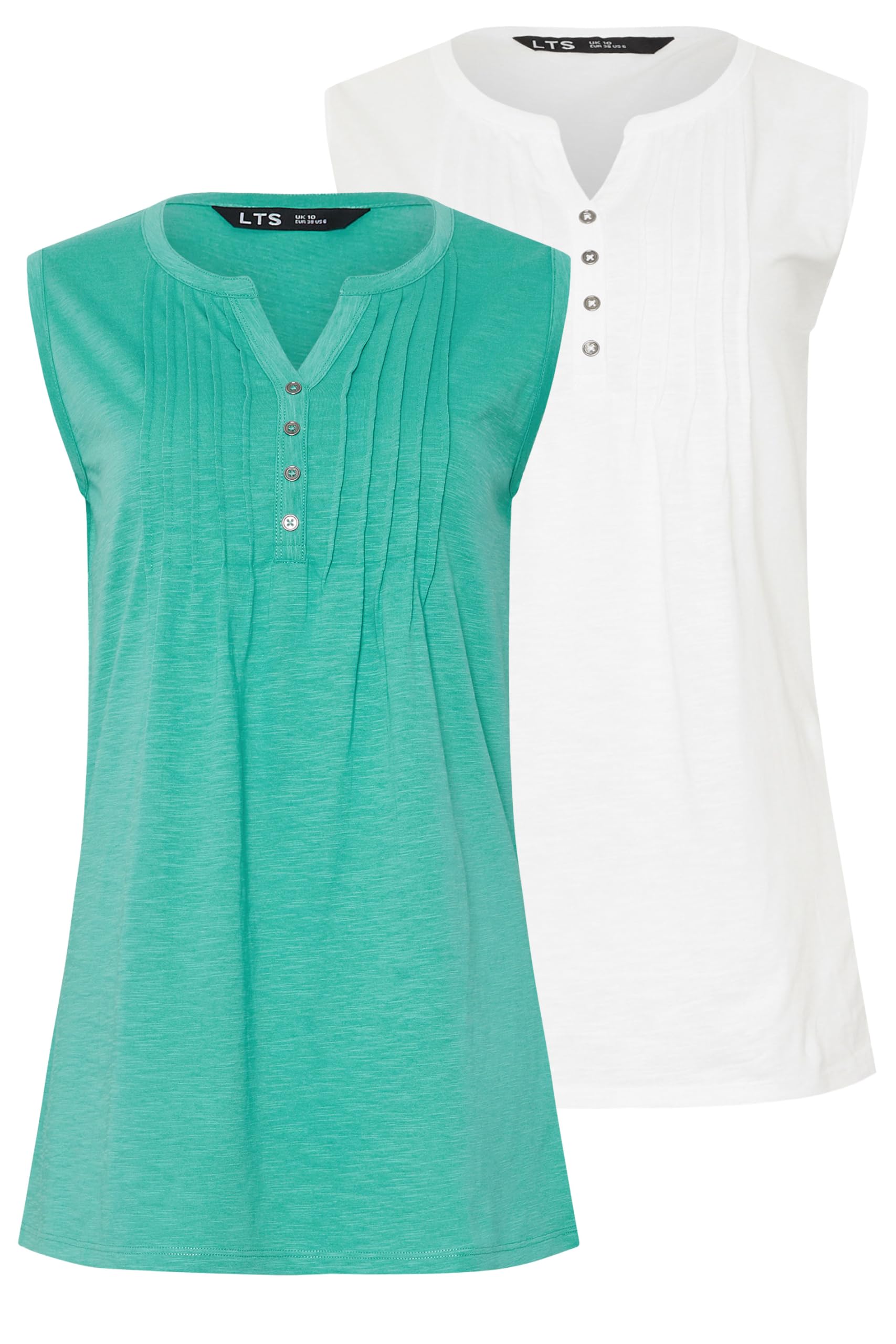 Lts Women's Green 2 Pack Tall Turquoise & White Cotton Henley Vest Tops Size 16