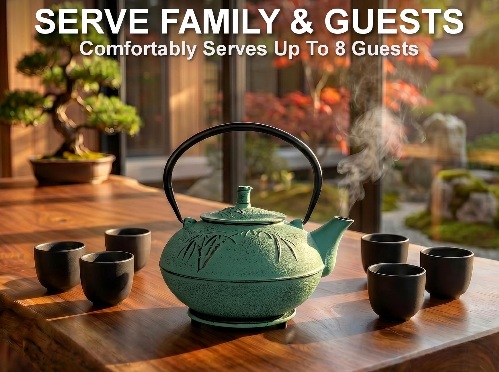Tetera japonesa XXL de hierro fundido con infusor y salvamanteles a juego, tetera grande de 2500 ml con hojas sueltas de tetsubina con interior esmaltado, juego de humidificador de hierro fundido