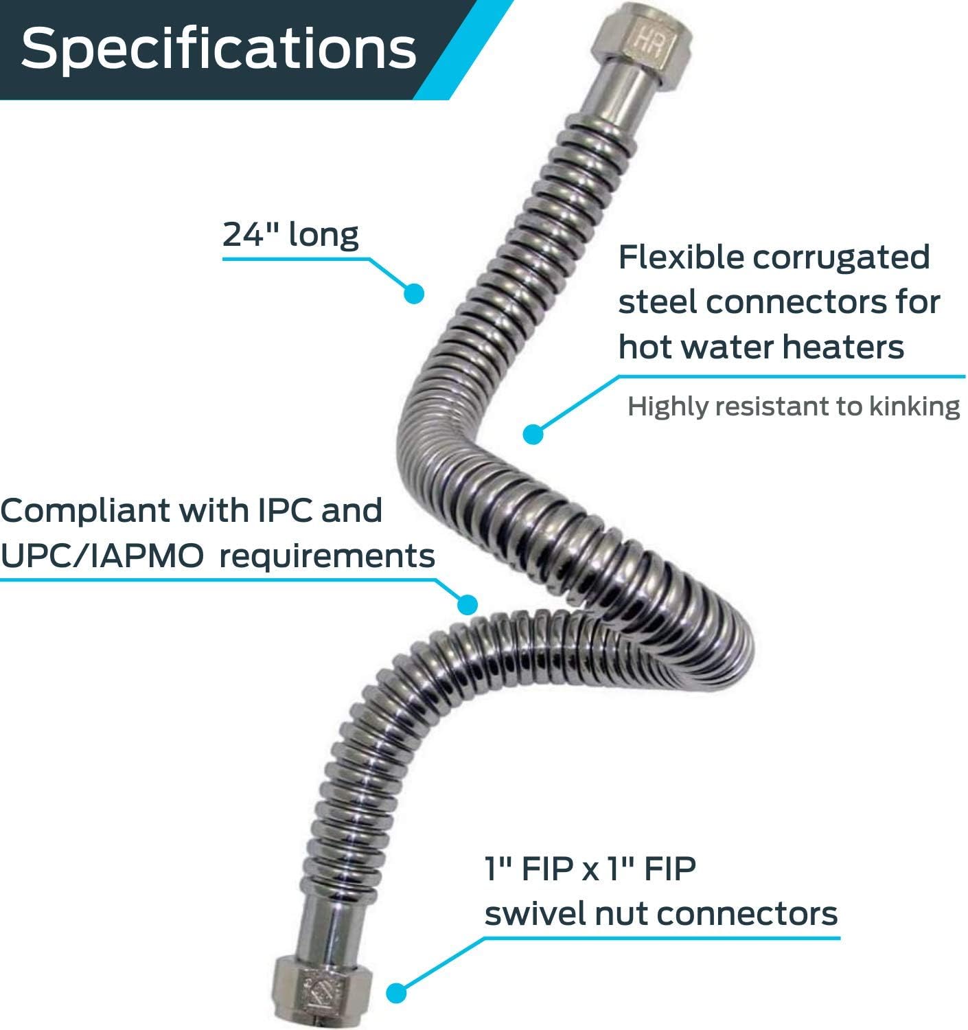 HoldRite QuickFlex 1 Inch FIP x 1 Inch FIP x 24 Inch Water Heater Connectors, Corrugated, Stainless Steel, QFC-0124