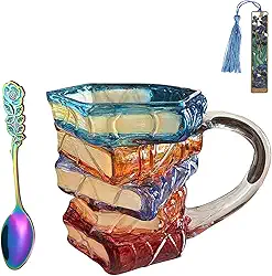 Caneca de livro pintada 3D feita à mão com colher e marcador de livro de metal, novidade, vitral, livros, empilhar, xícara de café, vidro, presentes engraçados para amantes de livros e leitores