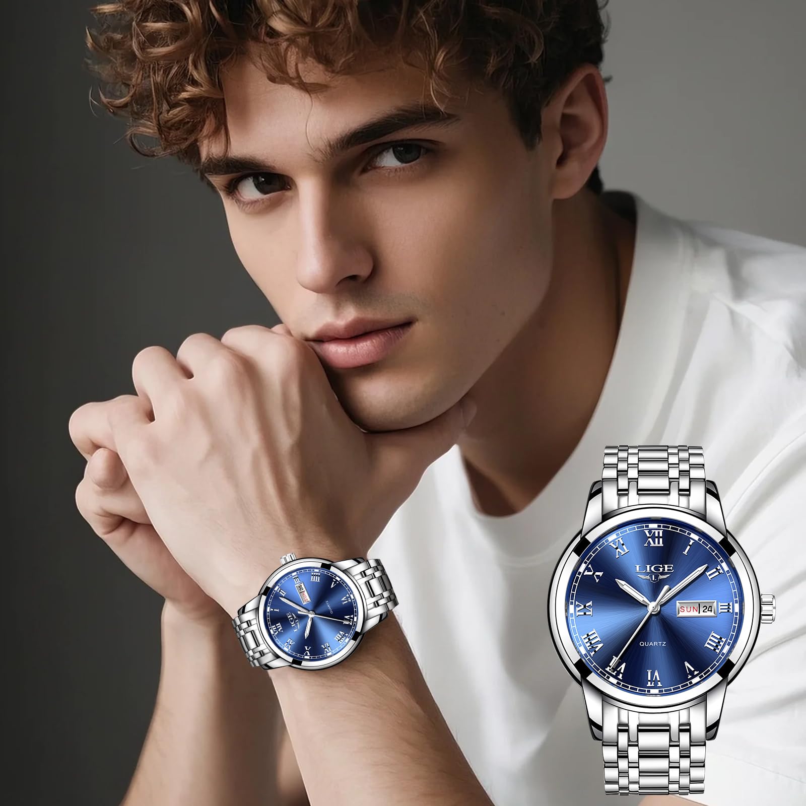 LIGE Montre Homme, Montres Bracelet Analogique à Quartz, Acier Inoxydable Etanche 3ATM, Fonction Calendrier, Aiguilles Lumineuses Affichage, Assortissement Classique Business Décontracté
