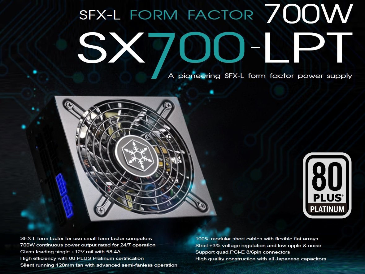 SilverStone SST-SX700-LPT - Alimentatore per PC SFX-L Series, 700W 80 Plus Platinum PC Power Supply, Low Noise 120mm, 100% modular