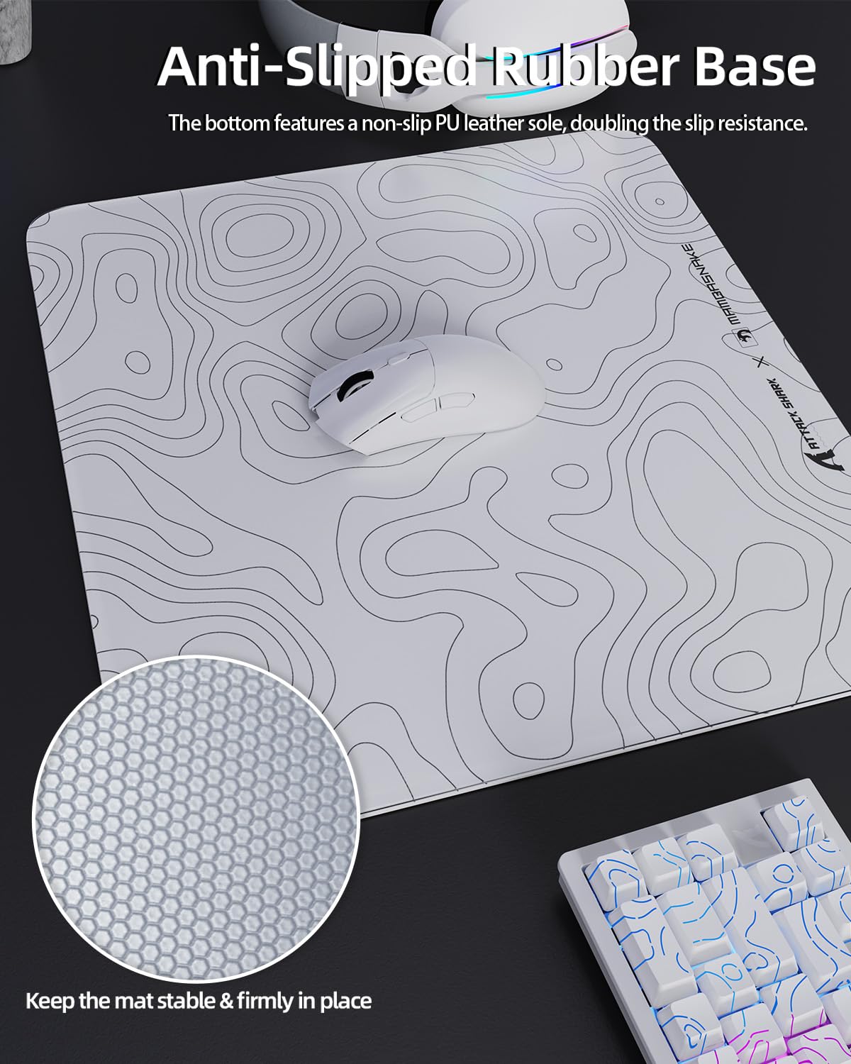 MAMBASNAKE x ATTACK SHARK CM05 Contour Glass Hard Gaming Mousepad,Nano-Micro-Etched Texture,Smooth Glass Surface,High Accuracy,Fast-Moving,Anti-Scratch, PU Leather Non-Slip Base, Large Size(450×400mm)