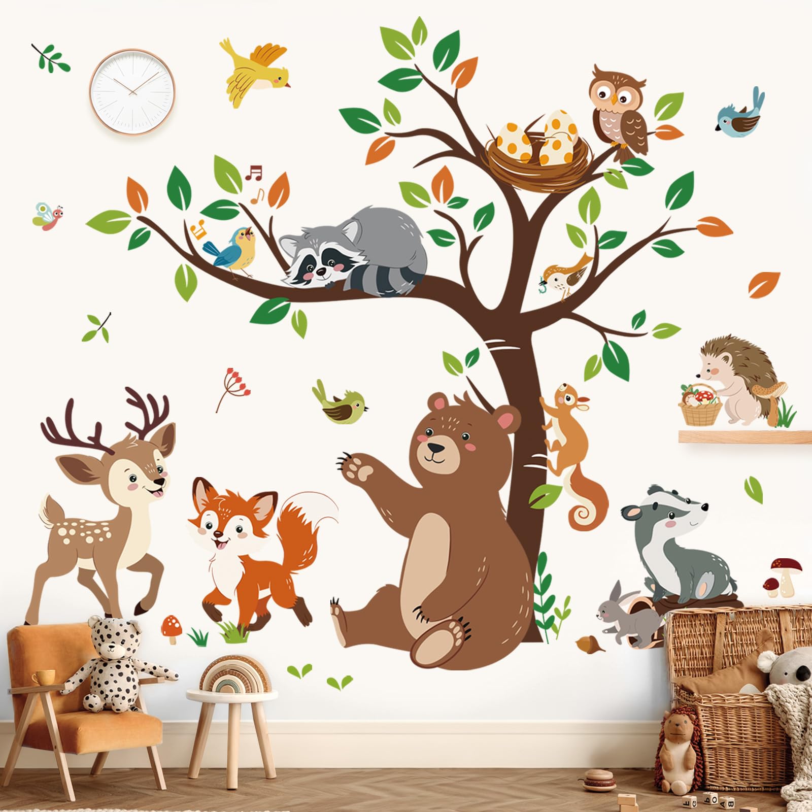 decalmile Woodland Animal Forest Tree Wall Stickers Bear Deer Fox Wall Decals Baby Nursery Kids Bedroom Living Room Wall Decor