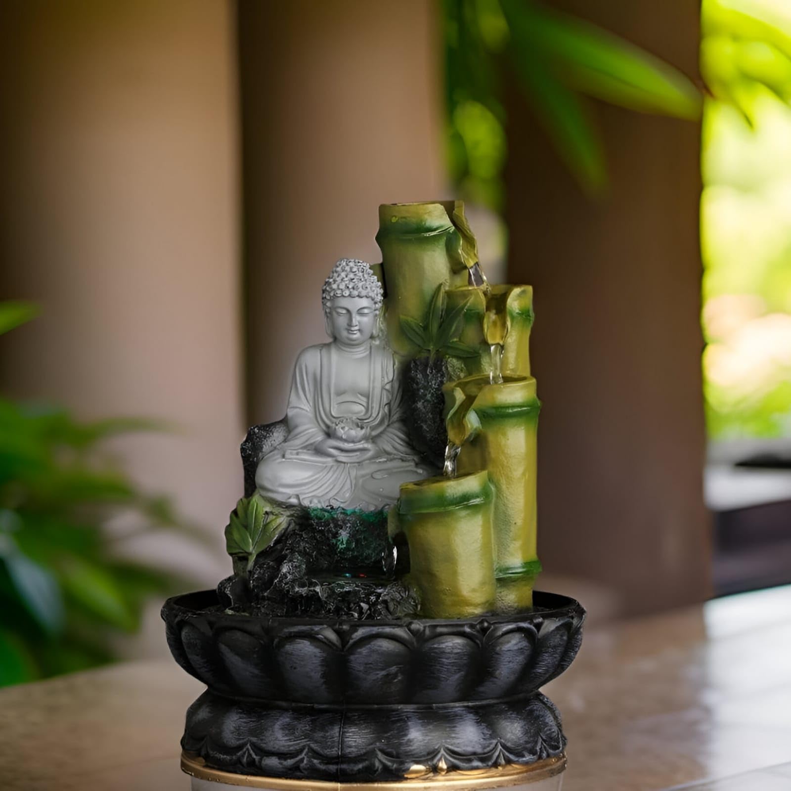 Buddha Tabletop Water Fountain with Bamboo Design, LED Lights, Lotus Base, Indoor Zen Decor 28 cm-image-14