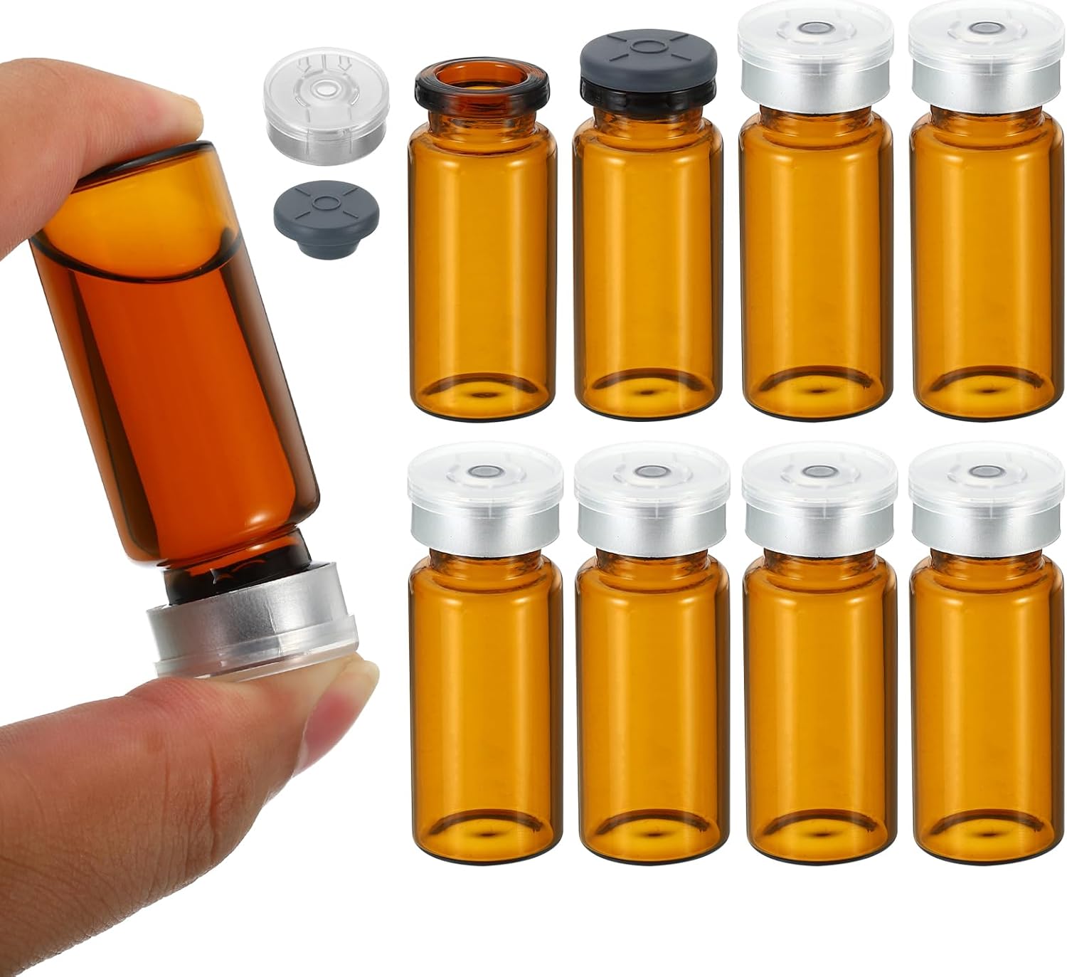 10ml Sample Vials, 8 Pack Lab Empty Vials with Butyl Rubber Stopper and Crimp Top Caps Borosilicate Glass Vial, Amber