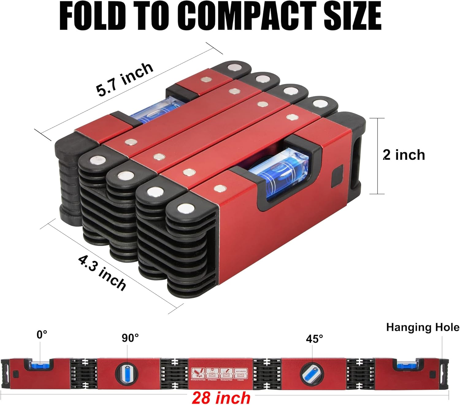 Folding Level, 5 Sections Foldable Measuring Tool for Various Corners Stairs, Accurate Multi-Angle Measurement Magnetic Aluminum Alloy Portable Level (28inch)