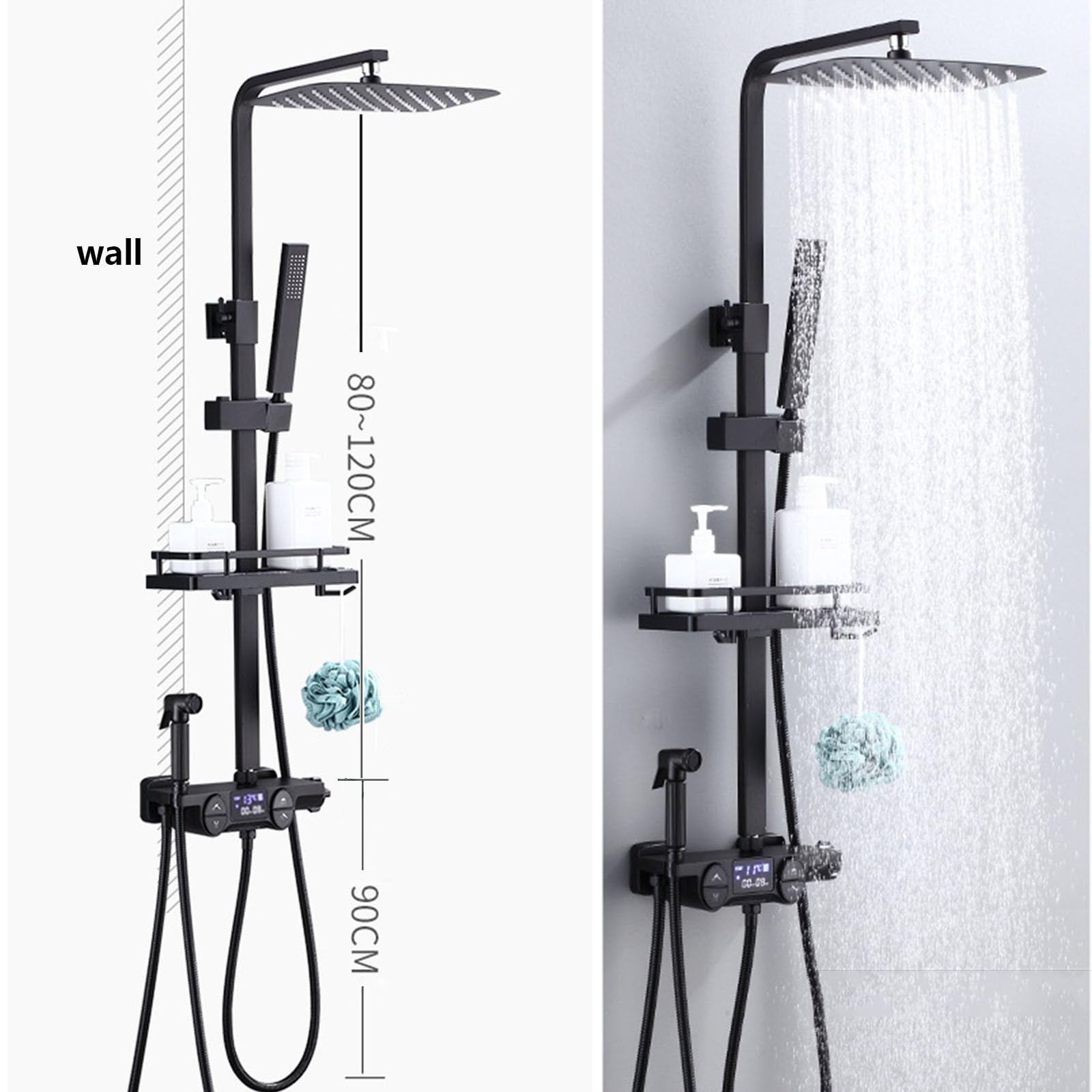 Sistema Doccia Nero con Display Digitale, Set Rubinetto termostatico per Bagno a 4 Vie con beccuccio per Vasca, soffione a Pioggia da 10", doccetta e doccetta per Bidet