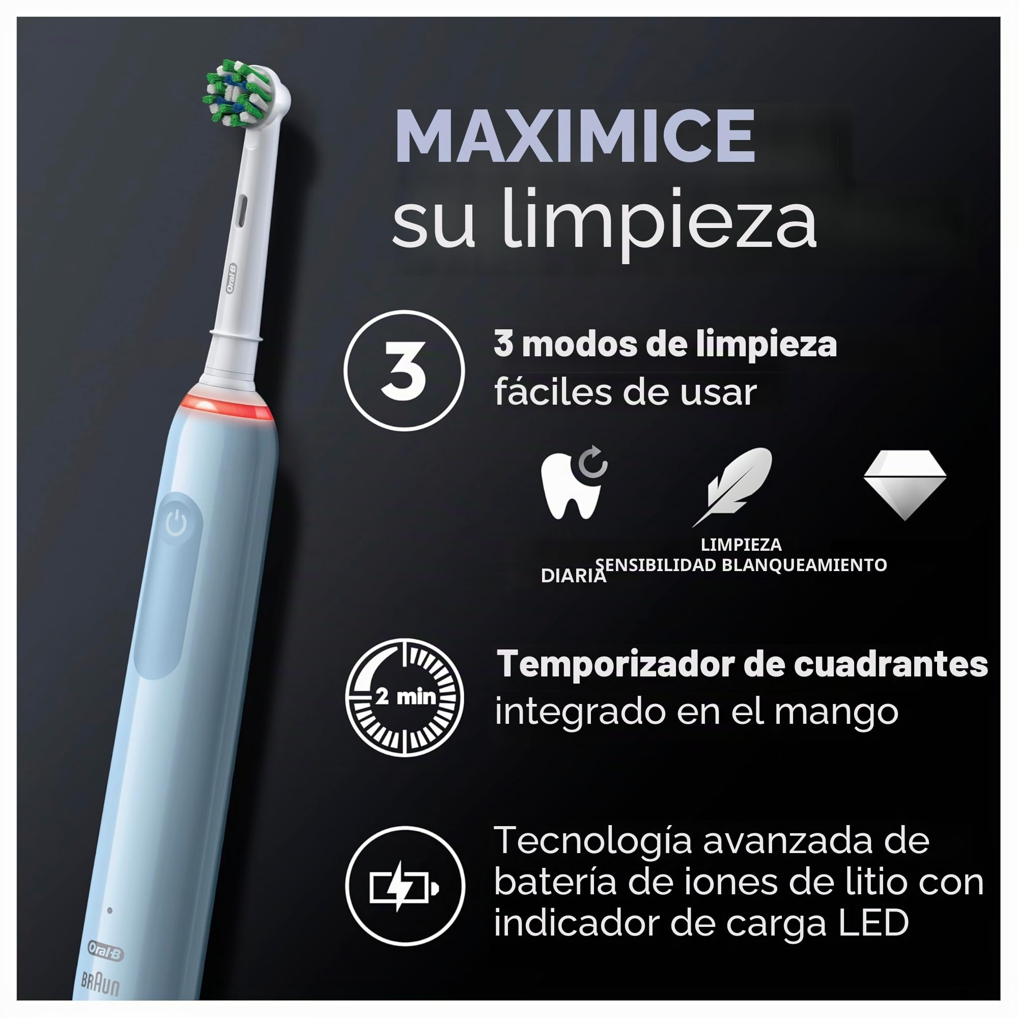 Oral-B Pro 3 3000 - Cepillo de dientes eléctrico con 3 modos de limpieza y control visual de presión de 360° para el cuidado dental, 2 cepillos de pinza, diseñado por marrón, azul