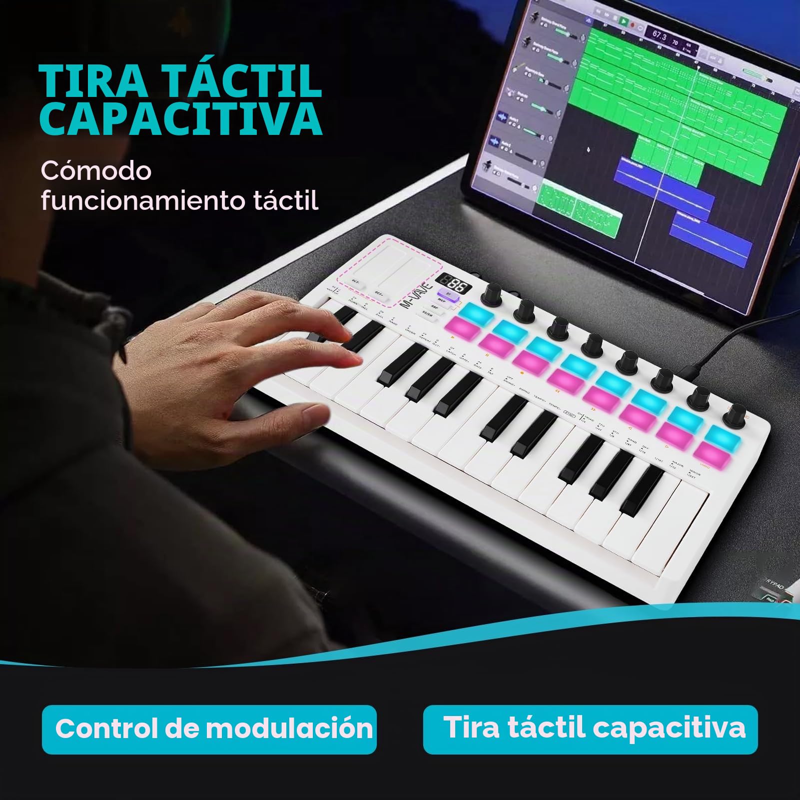 Nikou M-VAVE Upgrade USB Mini Teclado Controlador 25 Teclas, Batería Recargable, Arranger Keyboard Portátil, Almohadillas RGB, Batería Integrada (Blanco)