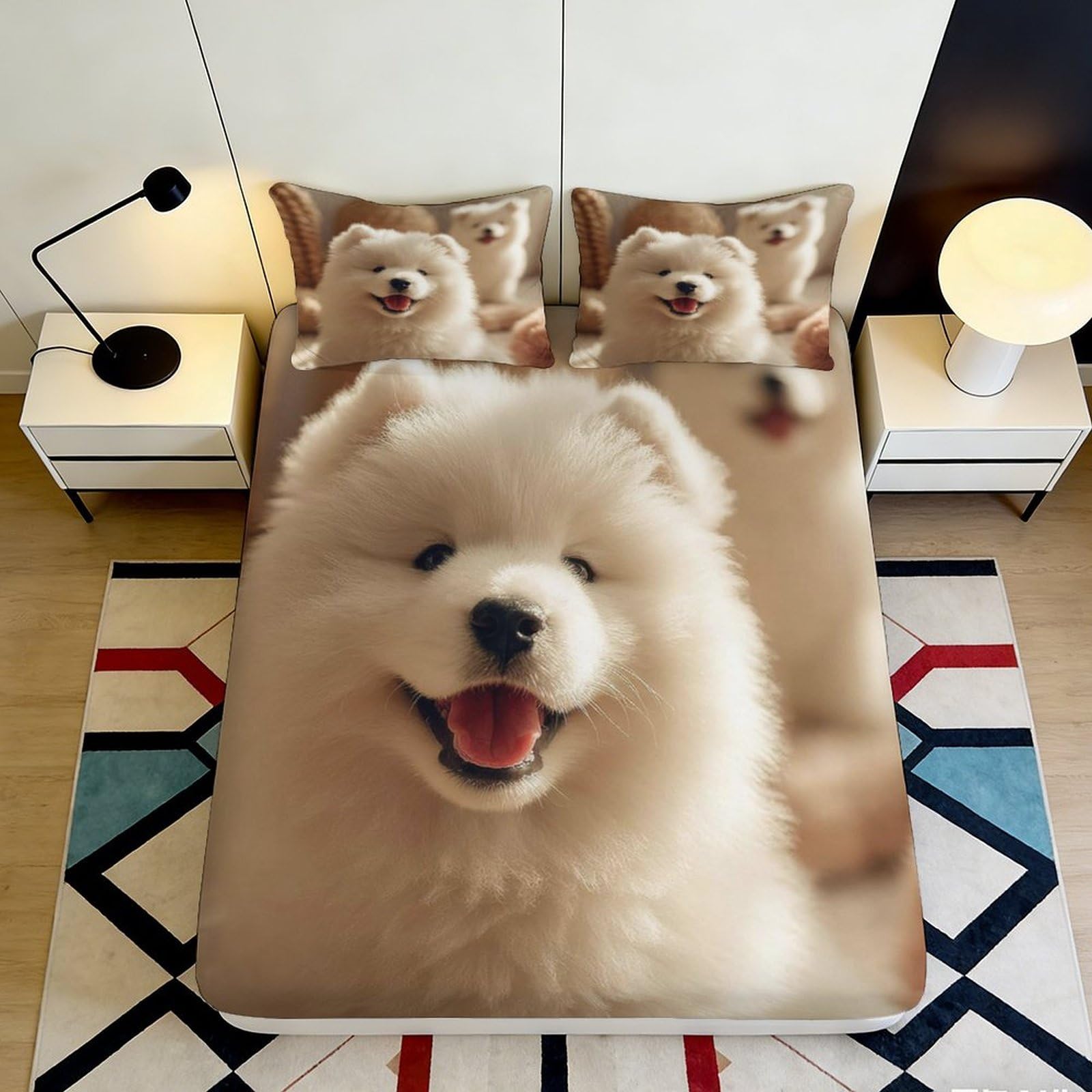 3D Printed Cute Samoyed Dog Fitted Sheet Microfiber Soft Breathable Fluffy Puppy Bed Cover for Bedroom Dormitory Guest Room Mattress Protection Decor 160x200x25cm