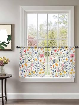Spring Floral Sheer Curtains 45 Inch Long 2 Panels, Watercolor Pink Purple Yellow Flowers Light Filtering Rod Pocket Semi Sheer Curtains, Leaf Sheer Voile Drapes for Living Room Bedroom, 52"x45"