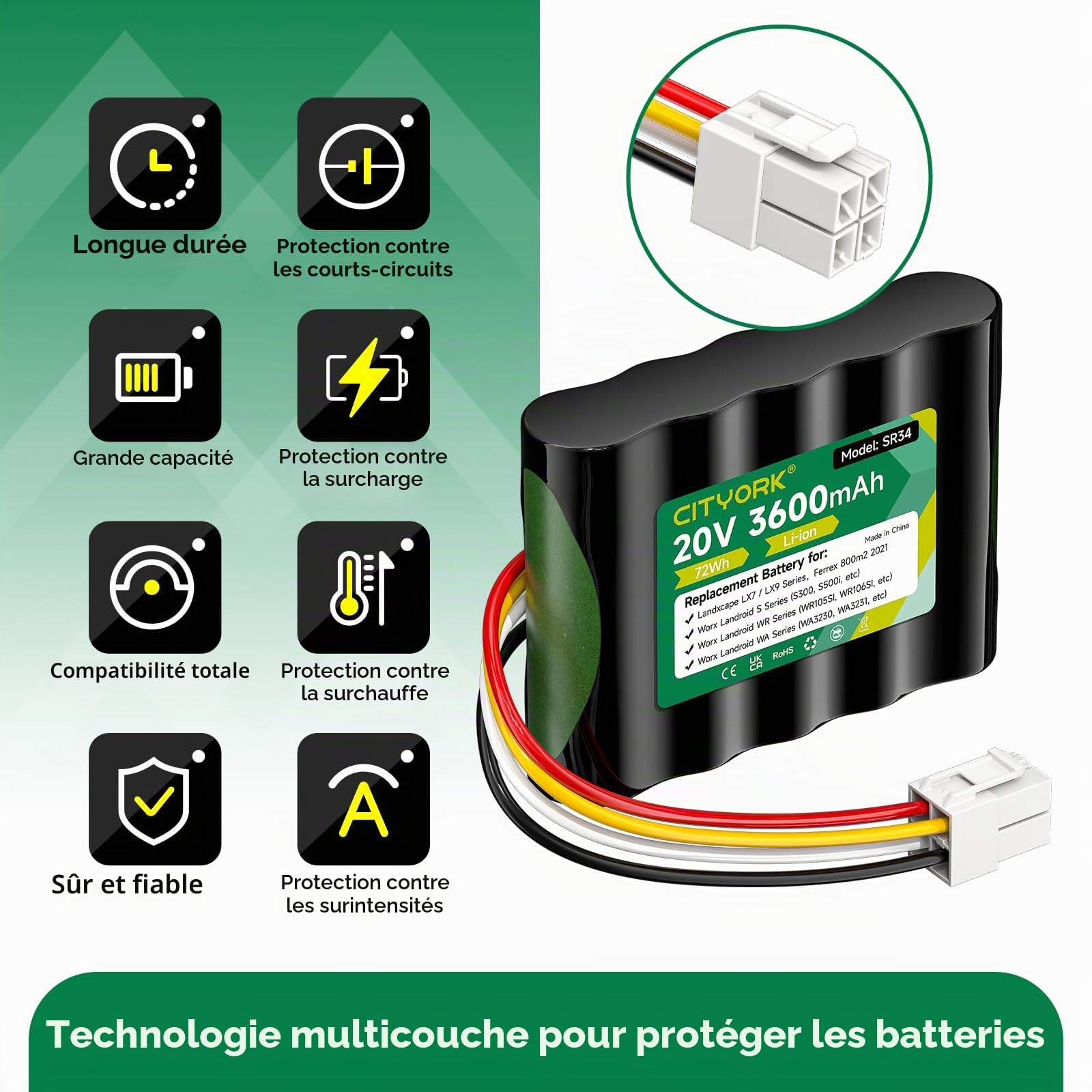 CITYORK 20 V/ 3600mAh Tondeuse Batterie pour Worx Landroid S300, S390, S300i, S450i, S500i,S700i, Worx WR100SI/101SI/102SI/WA3230/WA3231, pour Landxcape LX790, LX790i, LX792, LX795,LX835, LX991, LX992