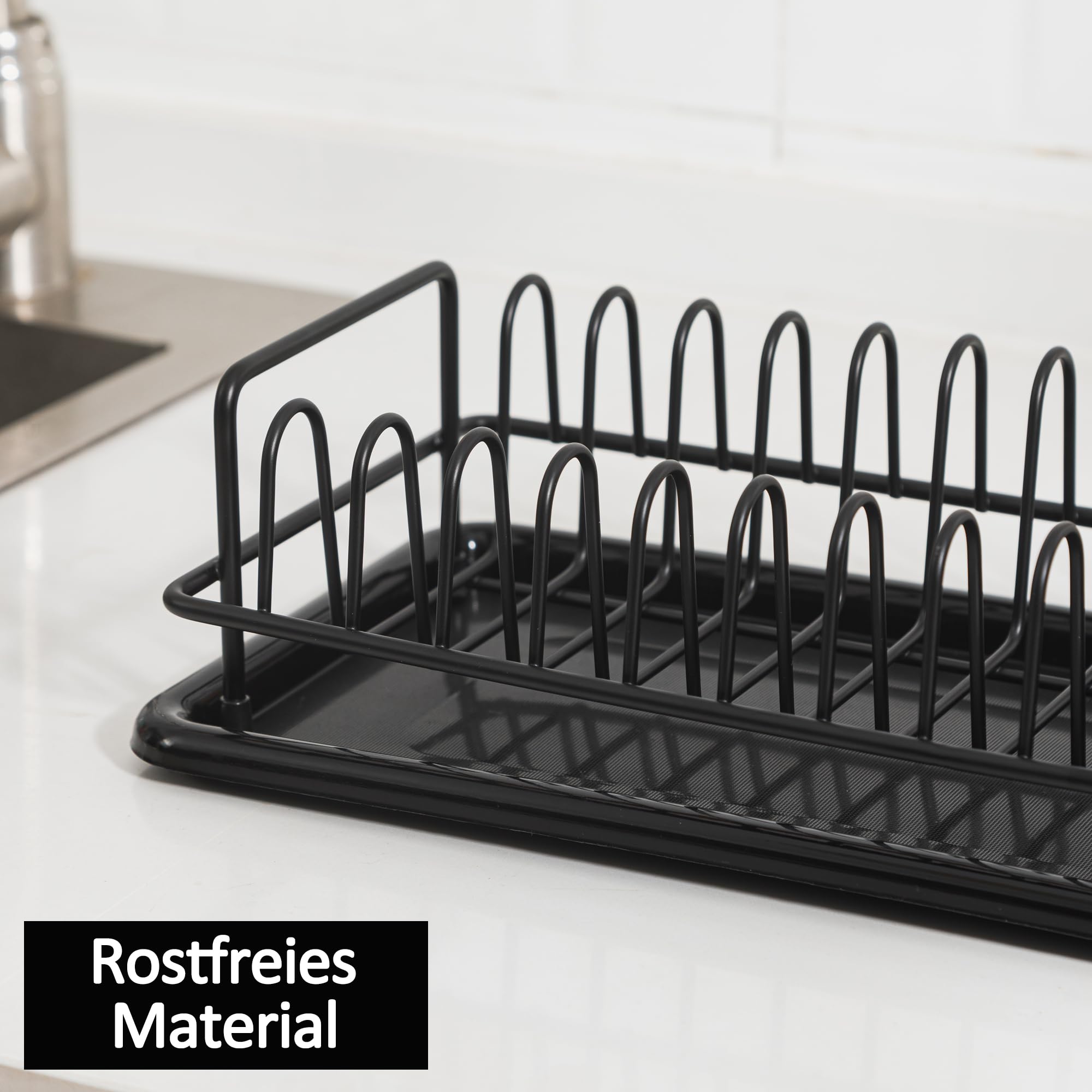 Abtropfgestell Geschirr klein, Geschirrabtropfgestell mit Abnehmbarer Haken und abtropfschale, Geschirr abtropfständer für Spüle, bis zu 12 Teller + Besteck, 41 x 17 x 10cm (schwarz)