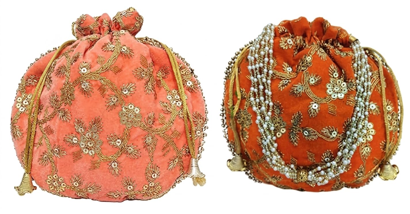 JDDCART Wedding Gifting Potli Combo Set of 2 Stylish Shagun Potli in Velvet Feel Floral Design Fabric with Sequins Design of Flower Pattern (Orange, Gold, Soft Peach)-picture-19