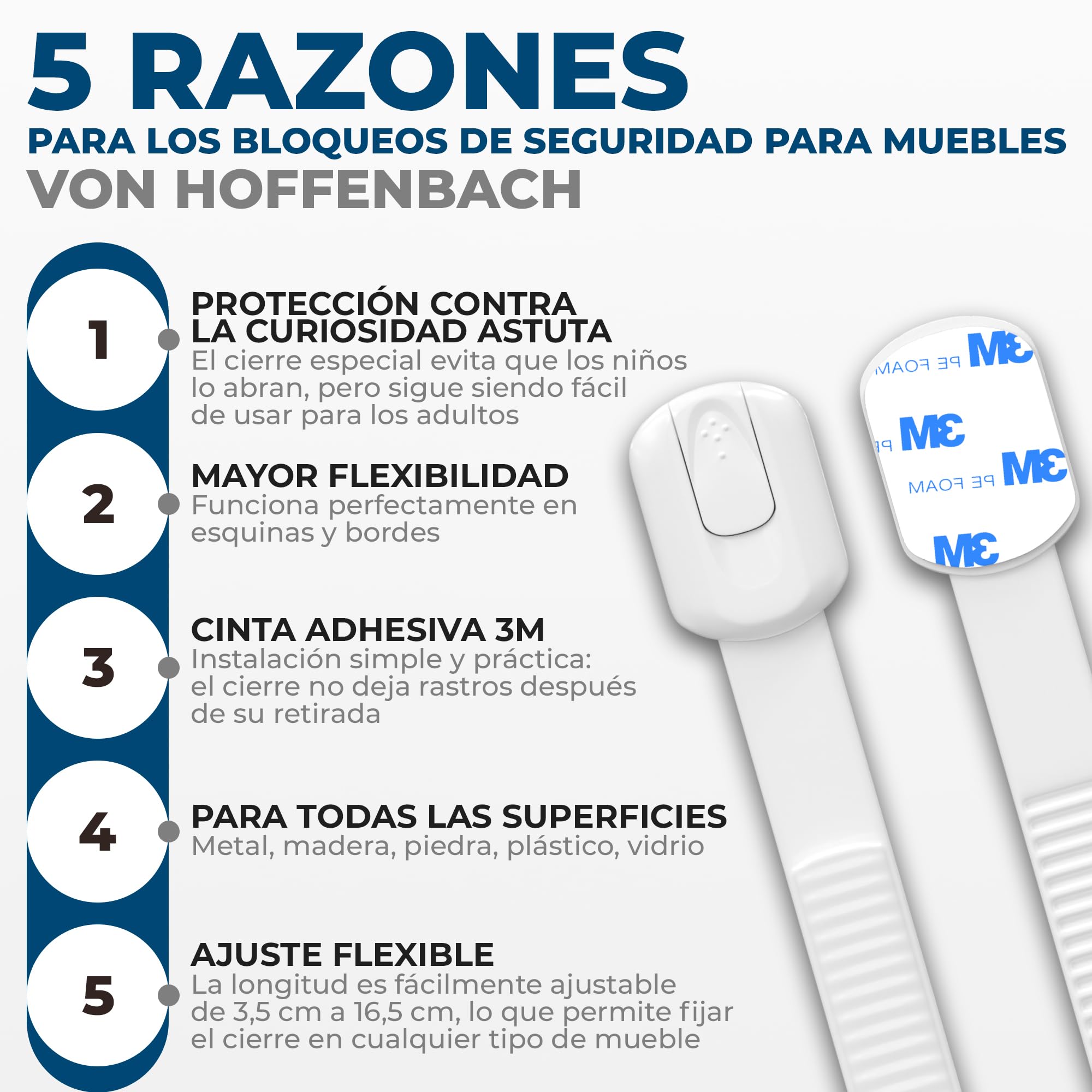 Hoffenbach Bloqueo de Seguridad para Bebé – Cierre Protector para Puertas, Cajones y Armarios – Cerradura Autoadhesiva sin Taladro, Seguros para Bebés y Ventanas (Blanco, 8 piezas)