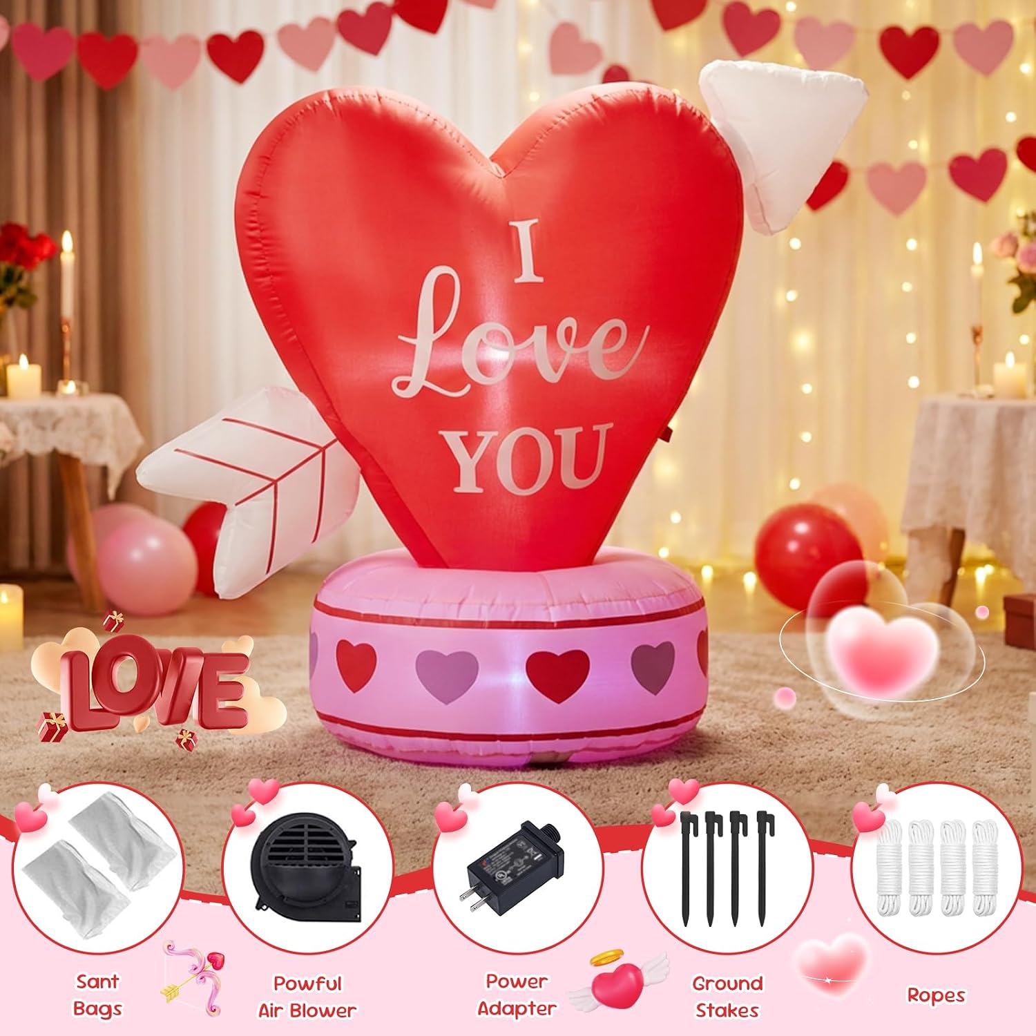 4 FT Valentine's Day Inflatable Love Heart Decoration Blow up Inflatable Decorations with LED Lights Indoor Outdoor Yard Garden Holiday Display for Wedding Party
